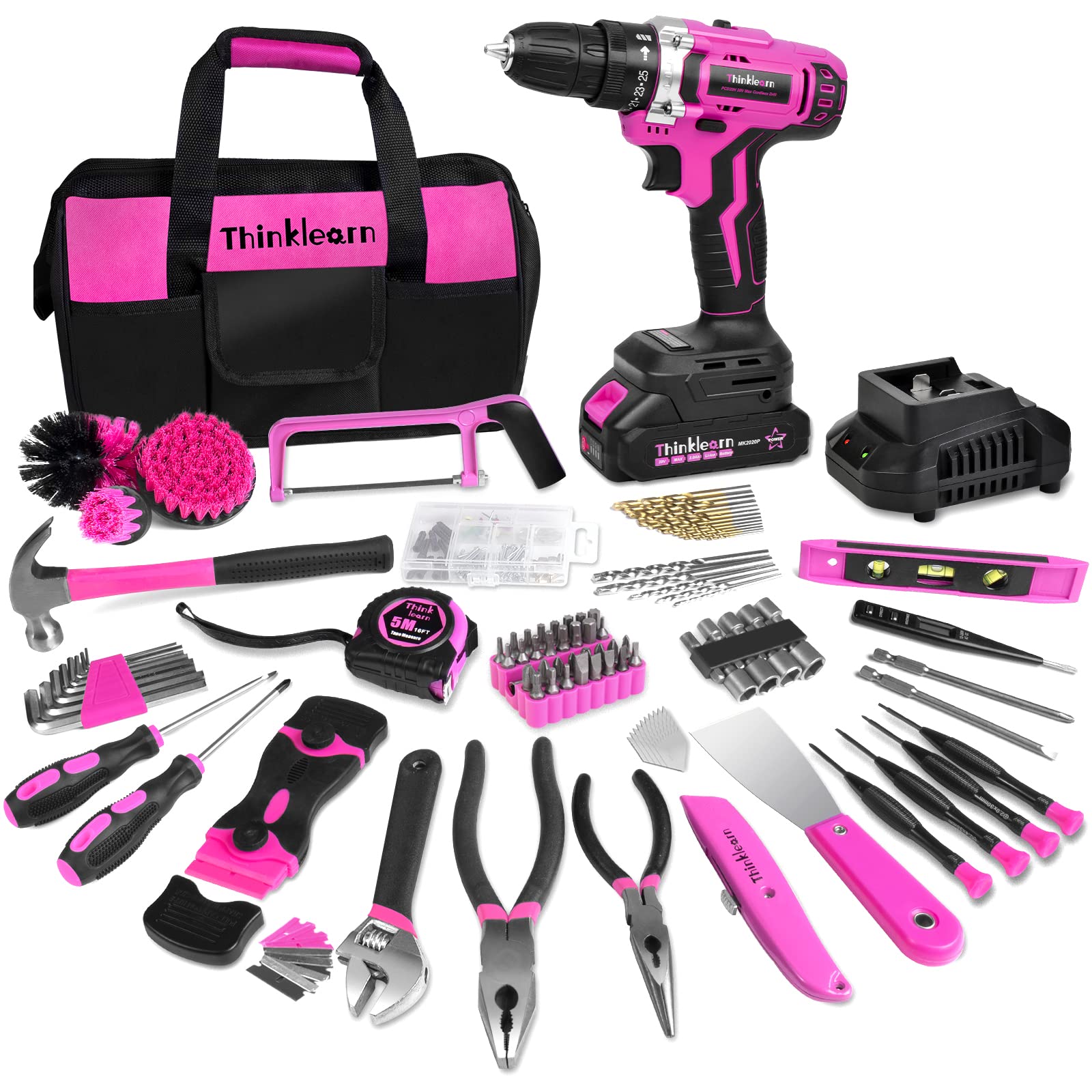 20V Cordless Drill Tool Kit (265in-lbs Torque) - Pink Power Tool Set for Women | Home Repair & DIY Projects | Includes Large Capacity Storage Bag - Perfect for Woodworking, Furniture Assembly & Household Fixes
