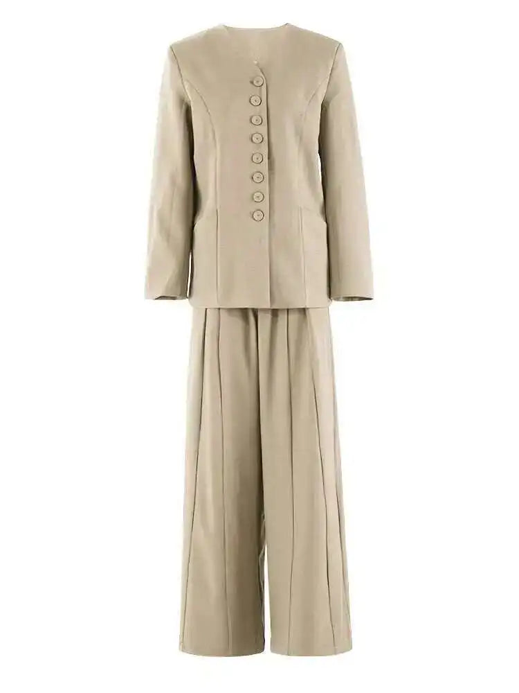 Women's Big Size Blazer & Pleated Wide Leg Pants Two-Piece Suit - V-Neck Long Sleeve Business Casual Outfit for Work, Office & Spring/Autumn 2025 Fashion | CPDB248