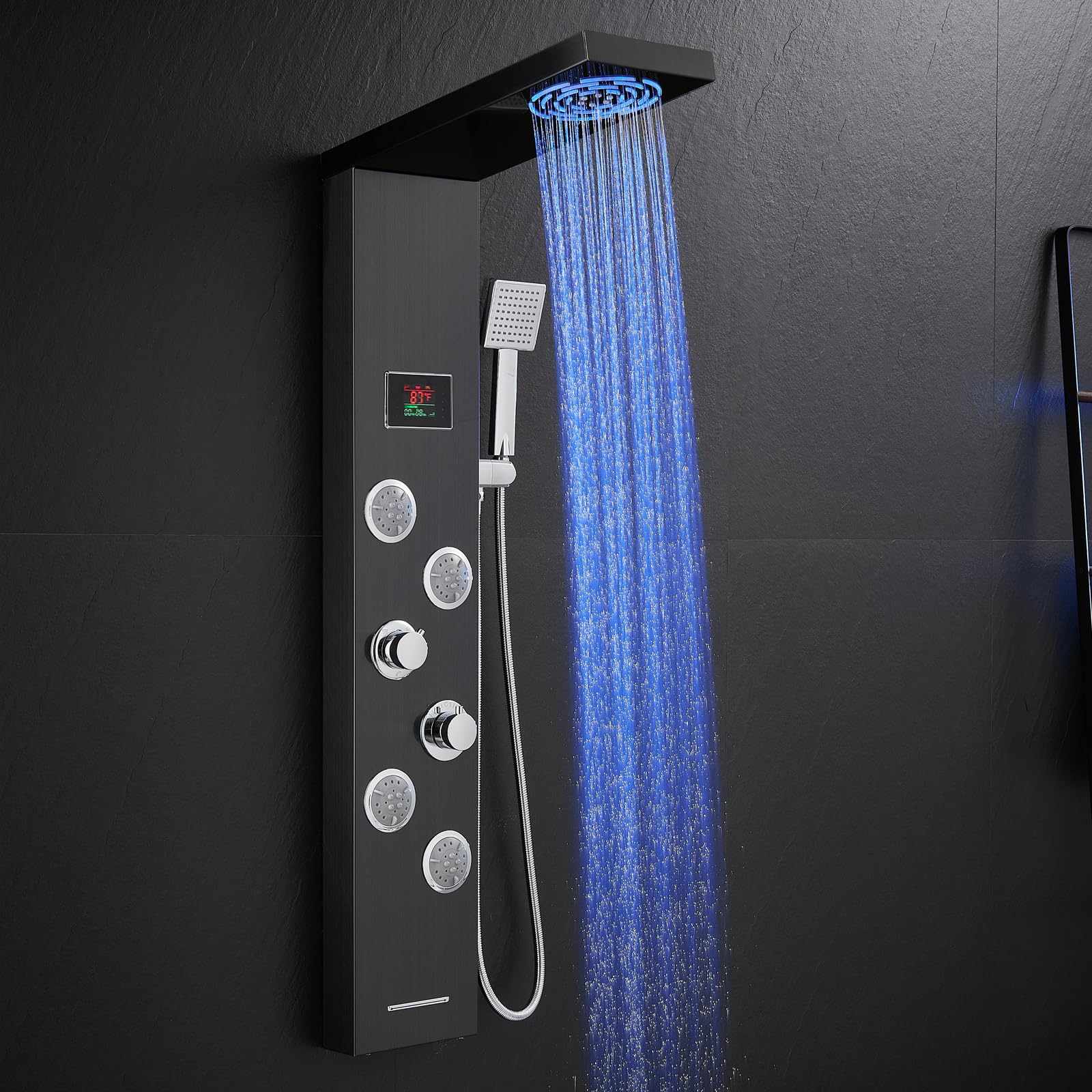 ROVOGO 5-Function Shower Panel Tower System with LED Lights & Temperature Display - Rainfall, Mist, Body Jets, Handheld & Tub Spout - 304 Stainless Steel Black - No Battery Needed - Perfect for Modern Bathroom & Spa-Like Shower Experience