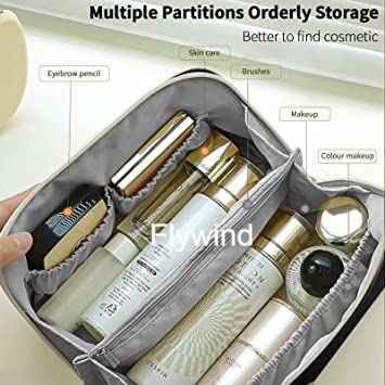 Flywind Travel Makeup Bag for Women - PU Leather Cosmetic Organizer with Large Opening | Portable Toiletry Case for Makeup Brushes & Cosmetics | Perfect for Vacation, Gym & Daily Use (Black)