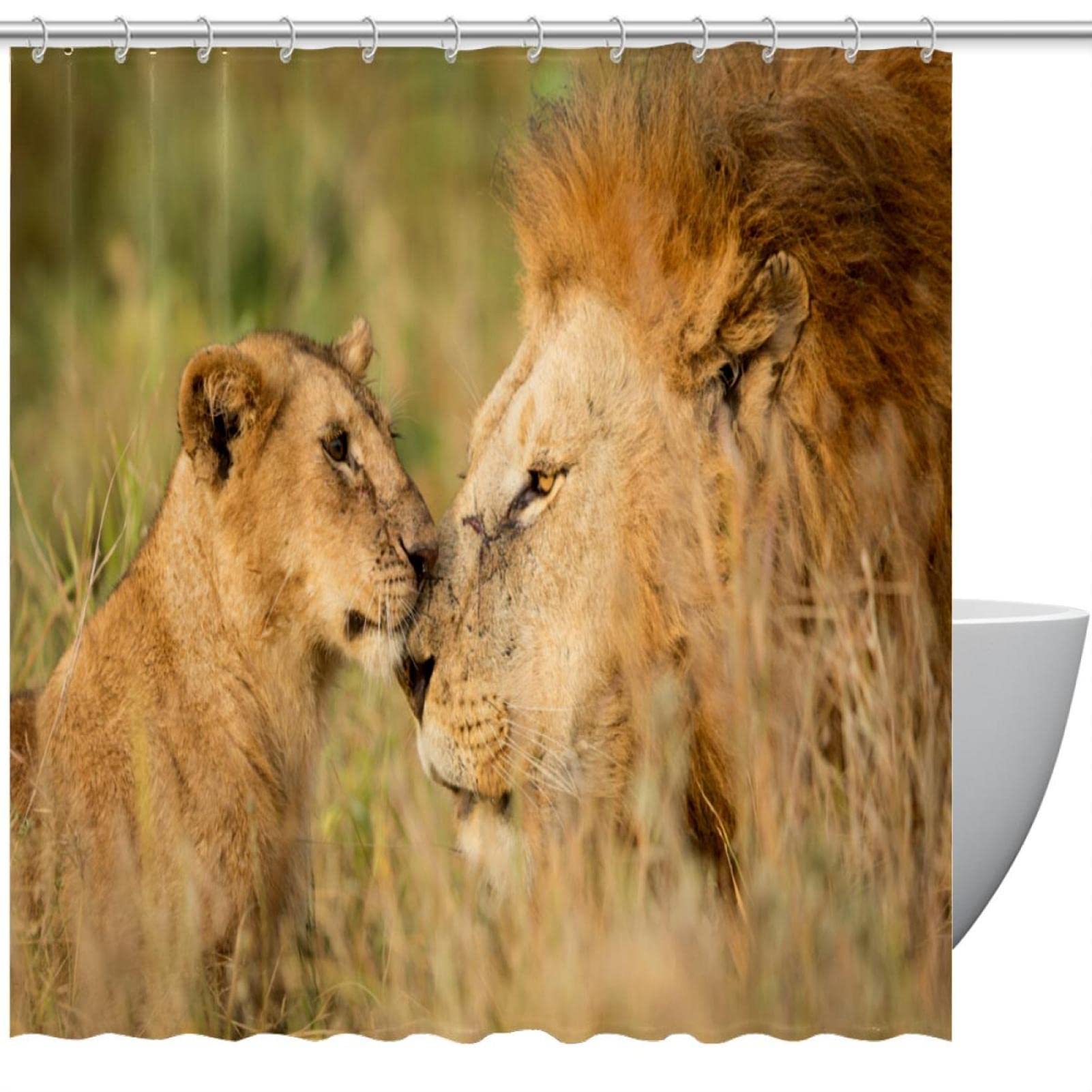 Lion and Cub Shower Curtain - Washable Waterproof Bathroom Decor with 12 Hooks, 72x72 Inches - Perfect for Kids' Bathrooms and Jungle-Themed Decor