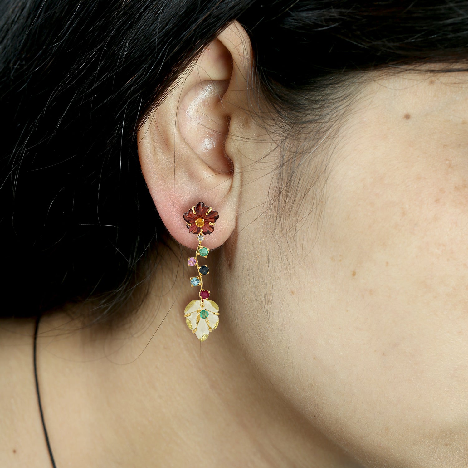 Hand Carved 18K Yellow Gold Floral Dangler Earrings with Multiple Gemstones for Women - Perfect for Weddings, Parties & Special Occasions