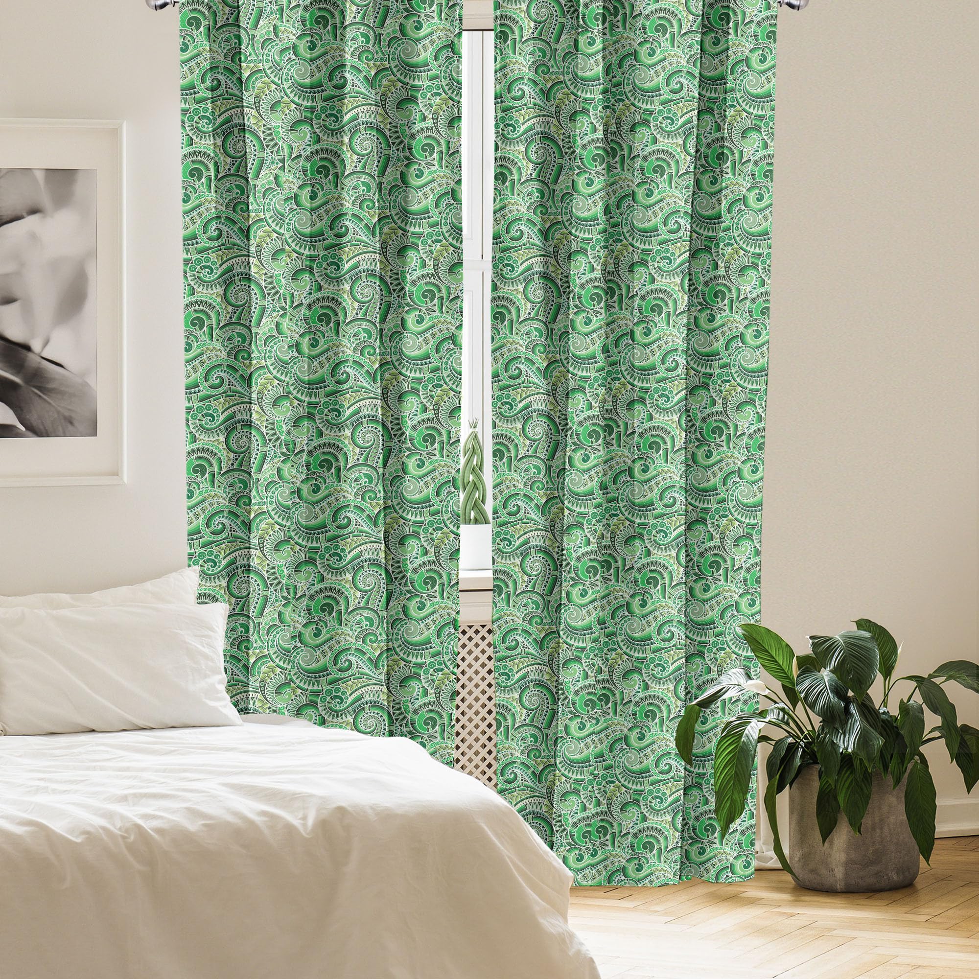 Ambesonne Floral Retro Window Curtains - Black & Green Swirl Design, Lightweight Rod Pocket Panels (28