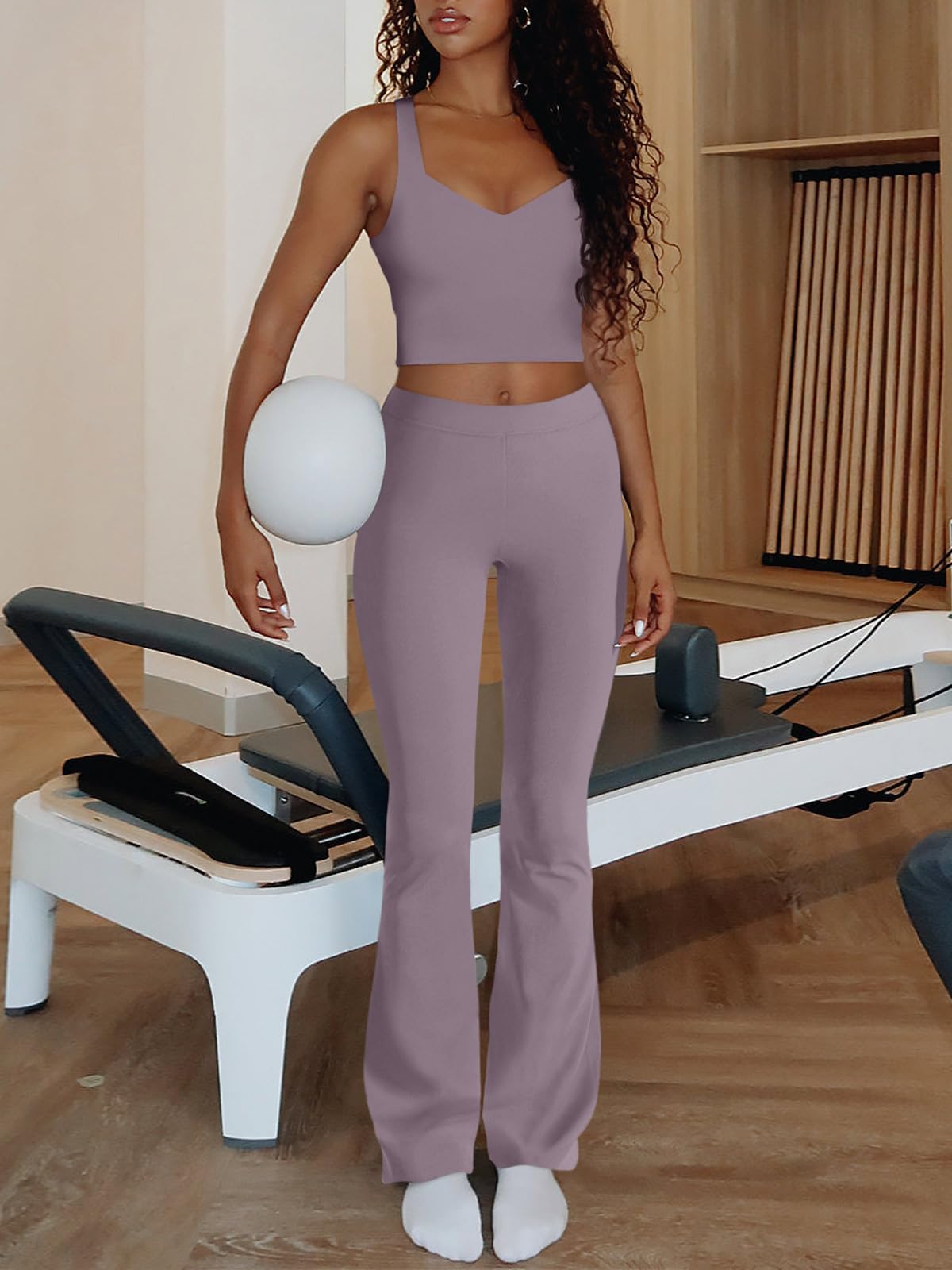REORIA Women's 2-Piece Workout Set - V-Neck Crop Tank Top & High-Waisted Flare Leggings | Yoga, Gym, Lounge Wear for Women | Comfortable Athletic Outfit for Running, Pilates & Casual Wear