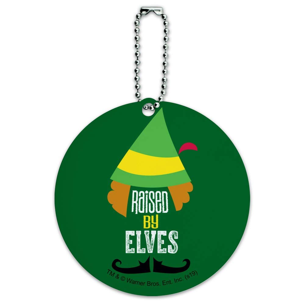 Elf Movie Inspired Raised by Elves Luggage ID Tag - Durable Round Suitcase Name Tag for Carry-On Bags - Perfect for Travel, Vacation & Holiday Gift