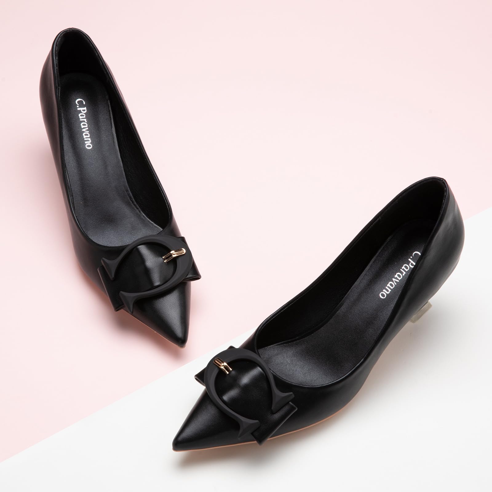 C.Paravano Women's Low Heel Leather Pumps - Designer Kitten Heels for Work, Office & Special Occasions | Comfortable Short Heels for Women