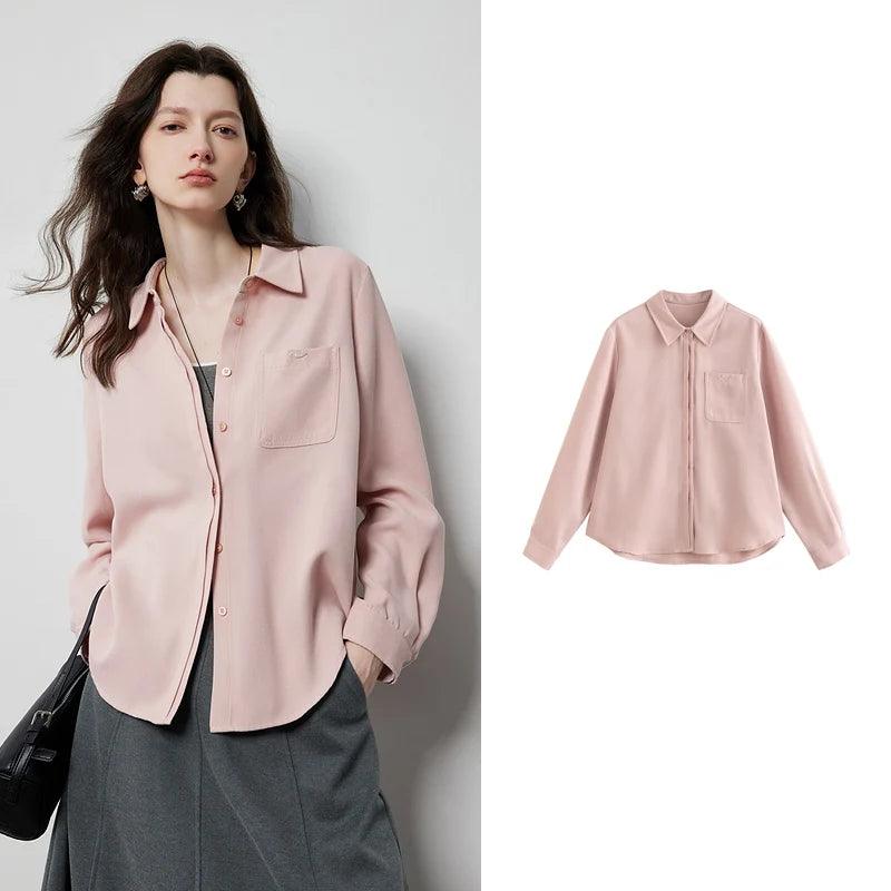 Women's Beige Workwear Blouse - Soft Brushed Long Sleeve Office Shirt with Turn Down Collar | Professional Business Attire for Autumn & Winter | Perfect for Office, Meetings & Formal Events