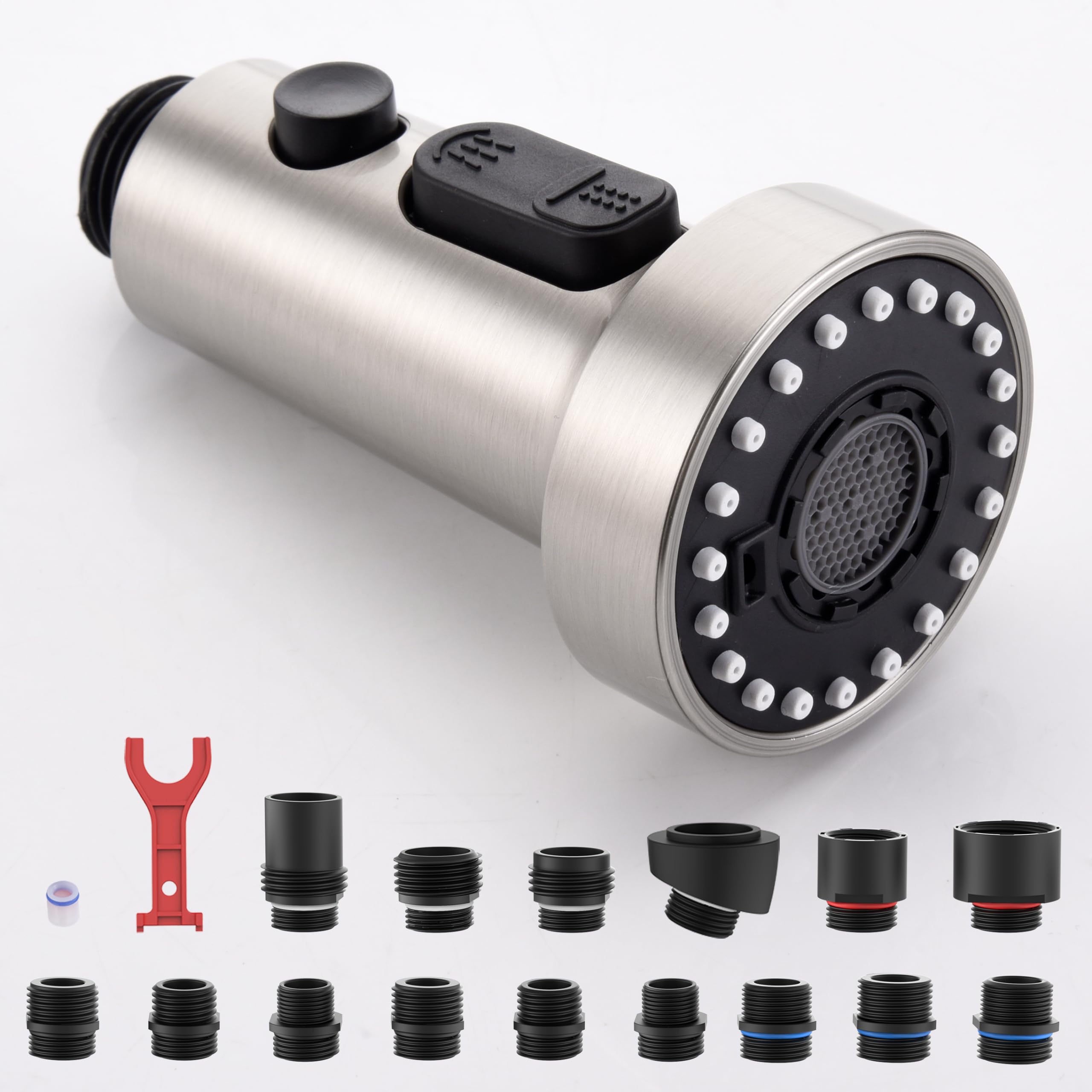 J-HVA 3 Function Pull Down Kitchen Faucet Sprayer Head Replacement with 15 Adapters - Brushed Nickel Pull Out Sink Spray Nozzle for Easy Dishwashing, Vegetable Cleaning & Sink Rinsing