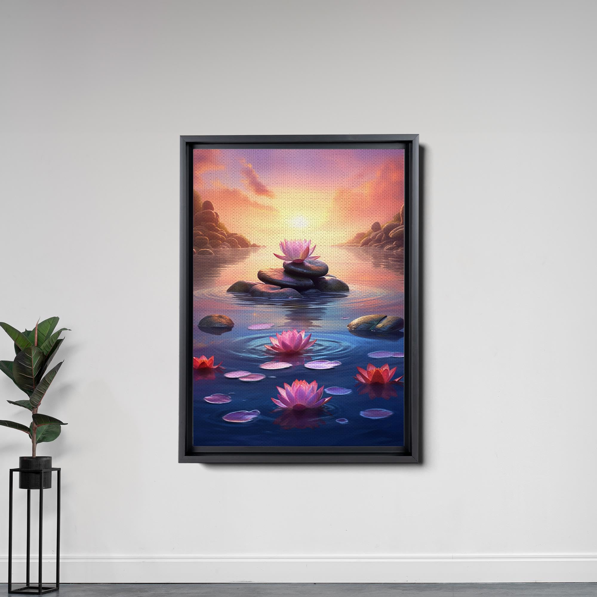 Zen Wall Art Decor - Framed Canvas Zen Garden with Stone Flower & Peaceful Water Sunset Print - Meditation & Yoga Room Decor for Home, Office, Spa - Perfect for Relaxation & Mindfulness Spaces