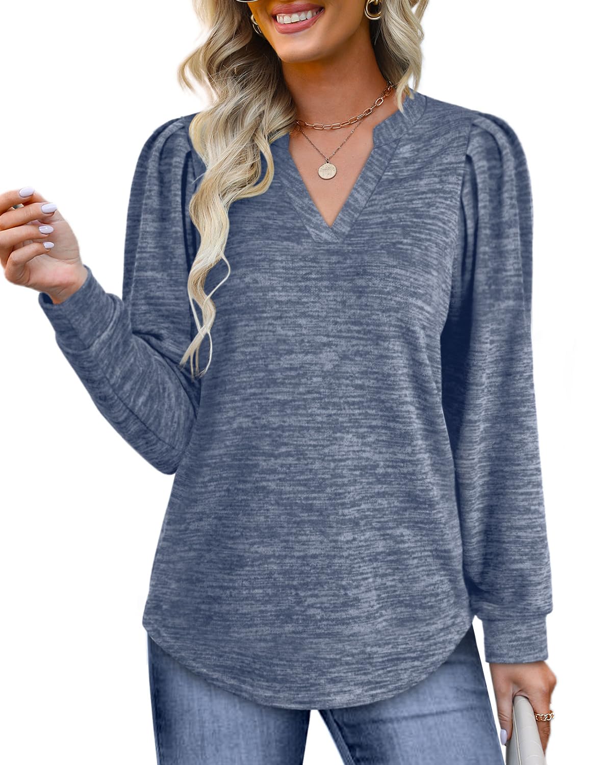 Aokosor Women's Long Sleeve V-Neck Sweatshirt with Puff Sleeves - Casual Pullover Jumper for Ladies | Perfect for Fall Layering, Workwear & Weekend Outfits