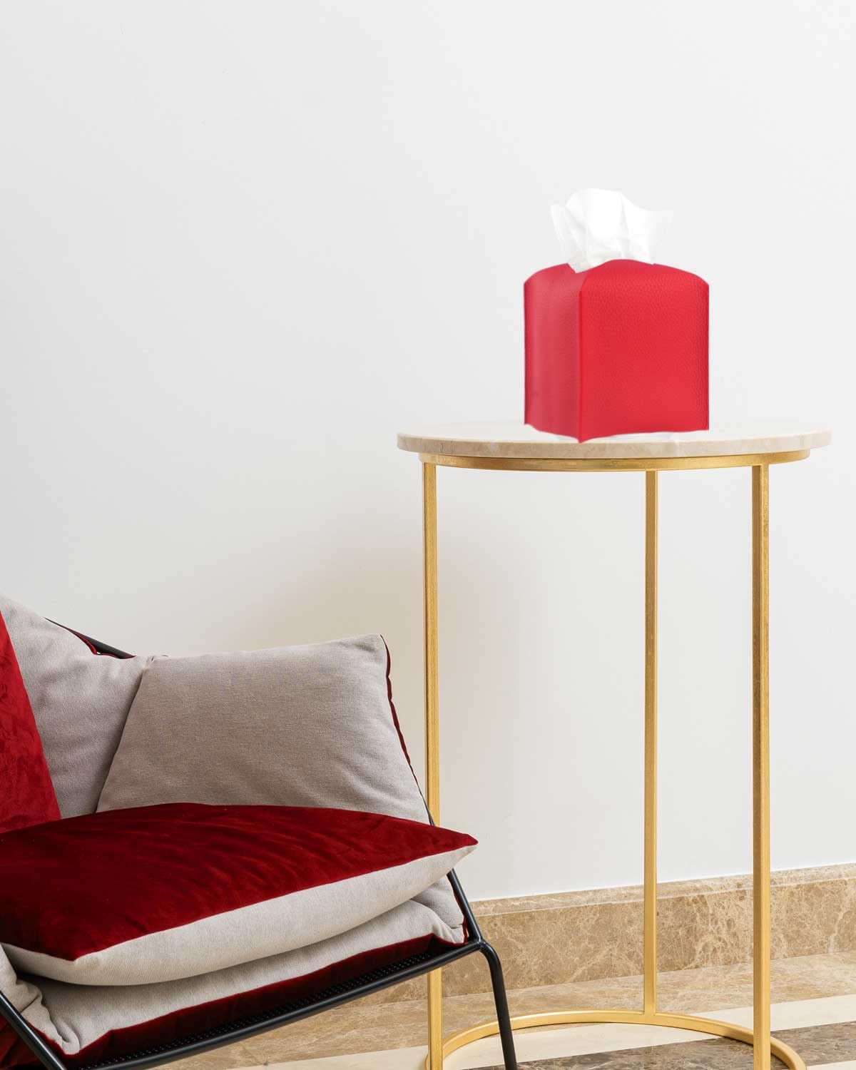 JESMINI Modern PU Leather Red Tissue Box Cover – Square Design with Bottom Belt, 5x5x5 Inches – Decorative Tissue Holder for Bathroom Vanity, Nightstand, Office Desk & Home Décor – Perfect for Living Room, Bedroom, or Office Organization