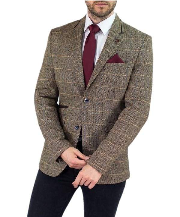 Cavani Albert Men's Brown Slim Fit Tweed Style Jacket - Classic Vintage Blazer for Business, Office, and Formal Events