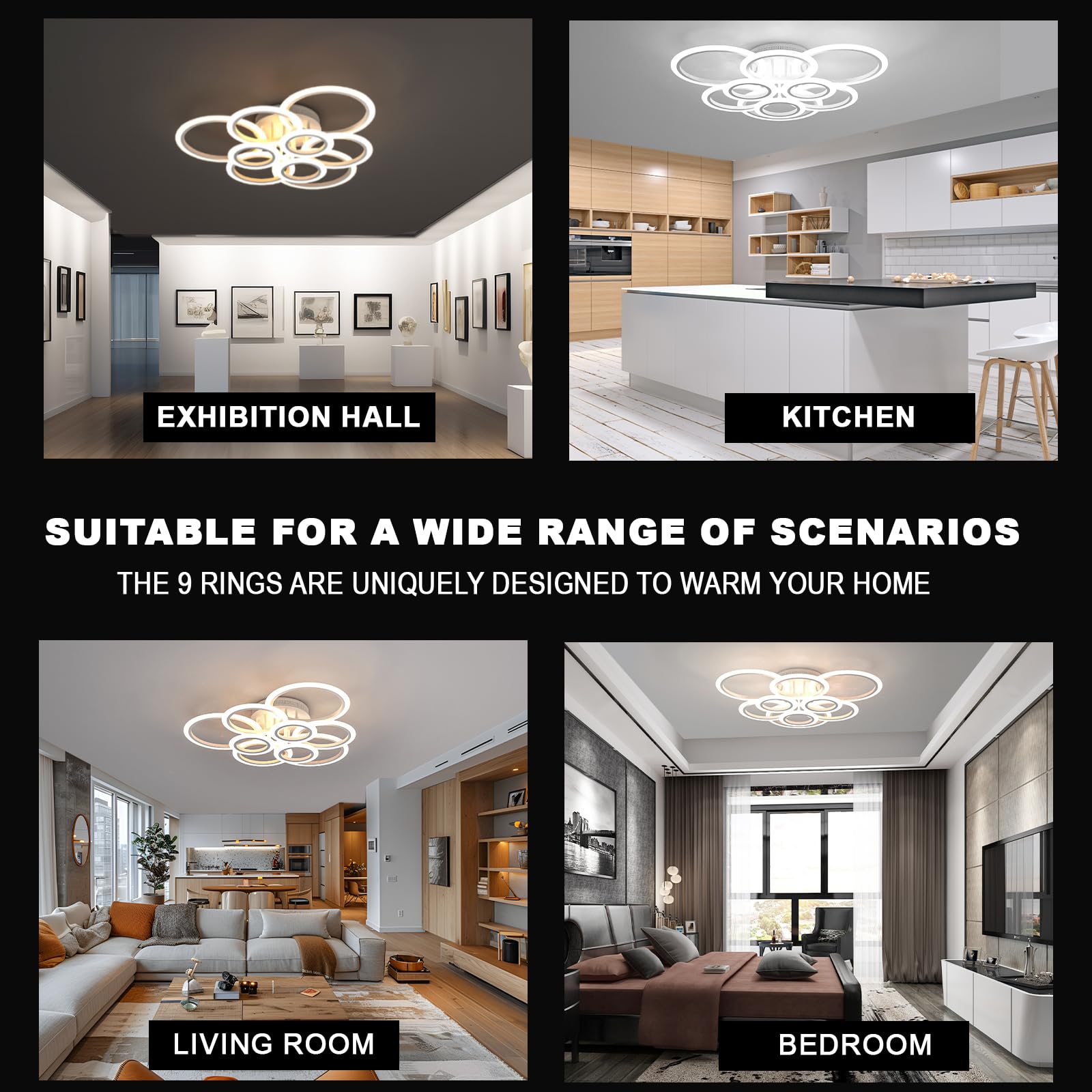 OUQI Modern LED Ceiling Light Fixture - 9-Ring Acrylic Dimmable Chandelier with Remote Control, Flush Mount Lighting for Living Room, Dining Room, Bedroom (White) | Perfect for Home Decor, Interior Lighting & Ambience Setting