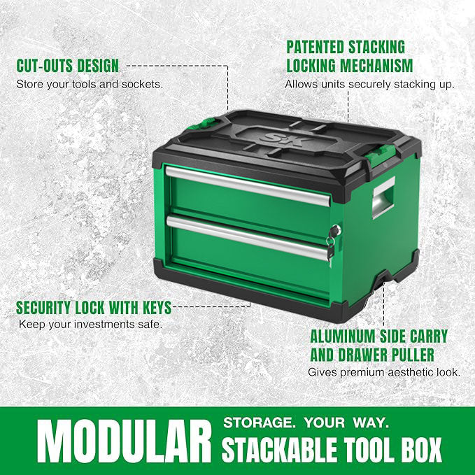 Modular Stackable Storage Tool Box - 2 Drawer Steel Tool Organizer for Garage, Workshop & DIY Projects | Heavy Duty Metal Tool Chest with Drawers for Tools, Hardware & Workshop Supplies
