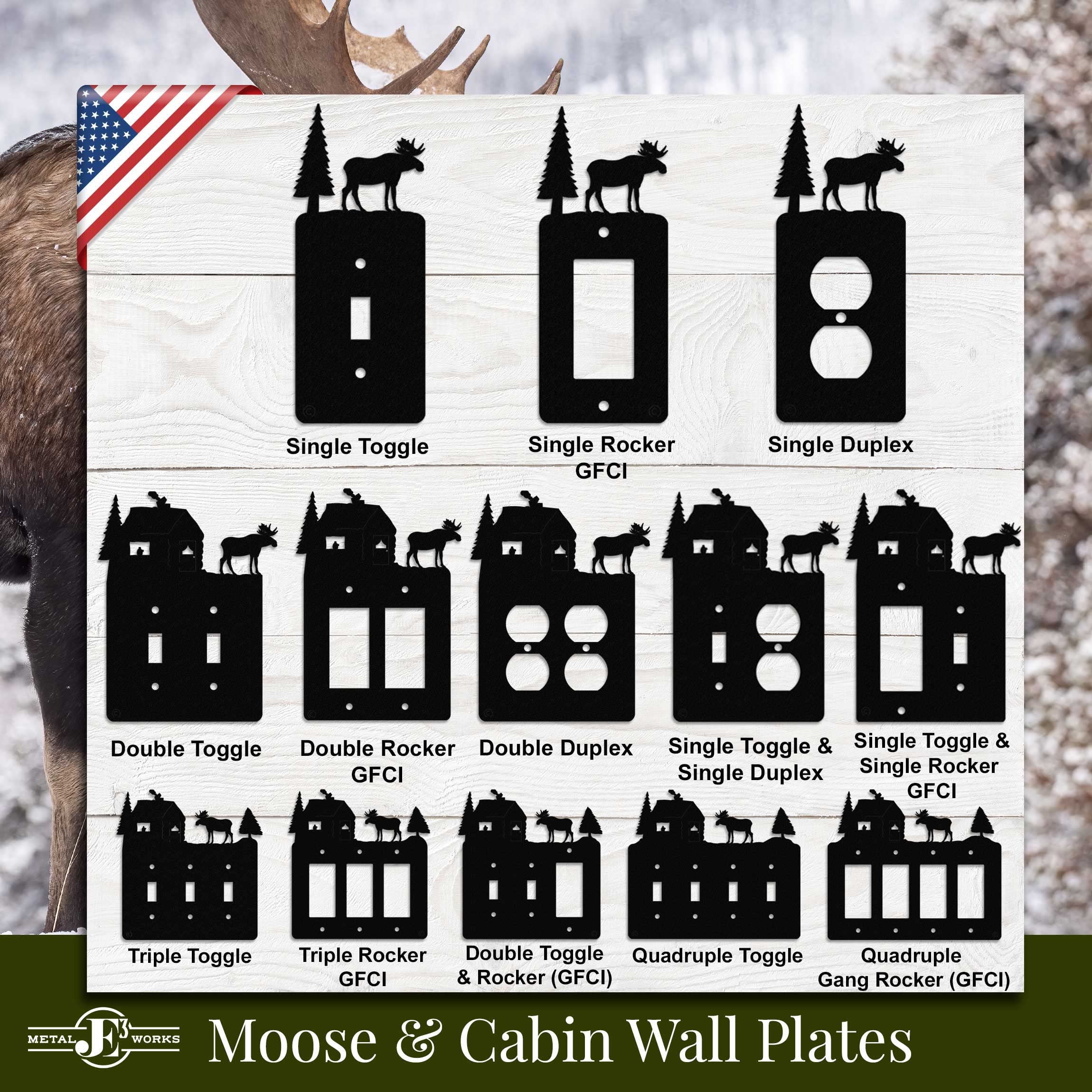 Moose & Cabin Toggle Light Switch & Single Duplex Wall Plate (Single Toggle with Power, Black) - Made in USA | Durable Electrical Switch for Cabin, Home & Office Decor