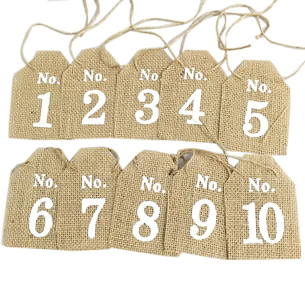 10Pcs Rustic Linen 1-10 Digital Hanging Tags with Jute Twine - Wedding Table Numbers, Wine Bottle Labels, Gift Tags for Birthday Party Decorations - Perfect for Rustic Weddings, DIY Crafts & Event Decor