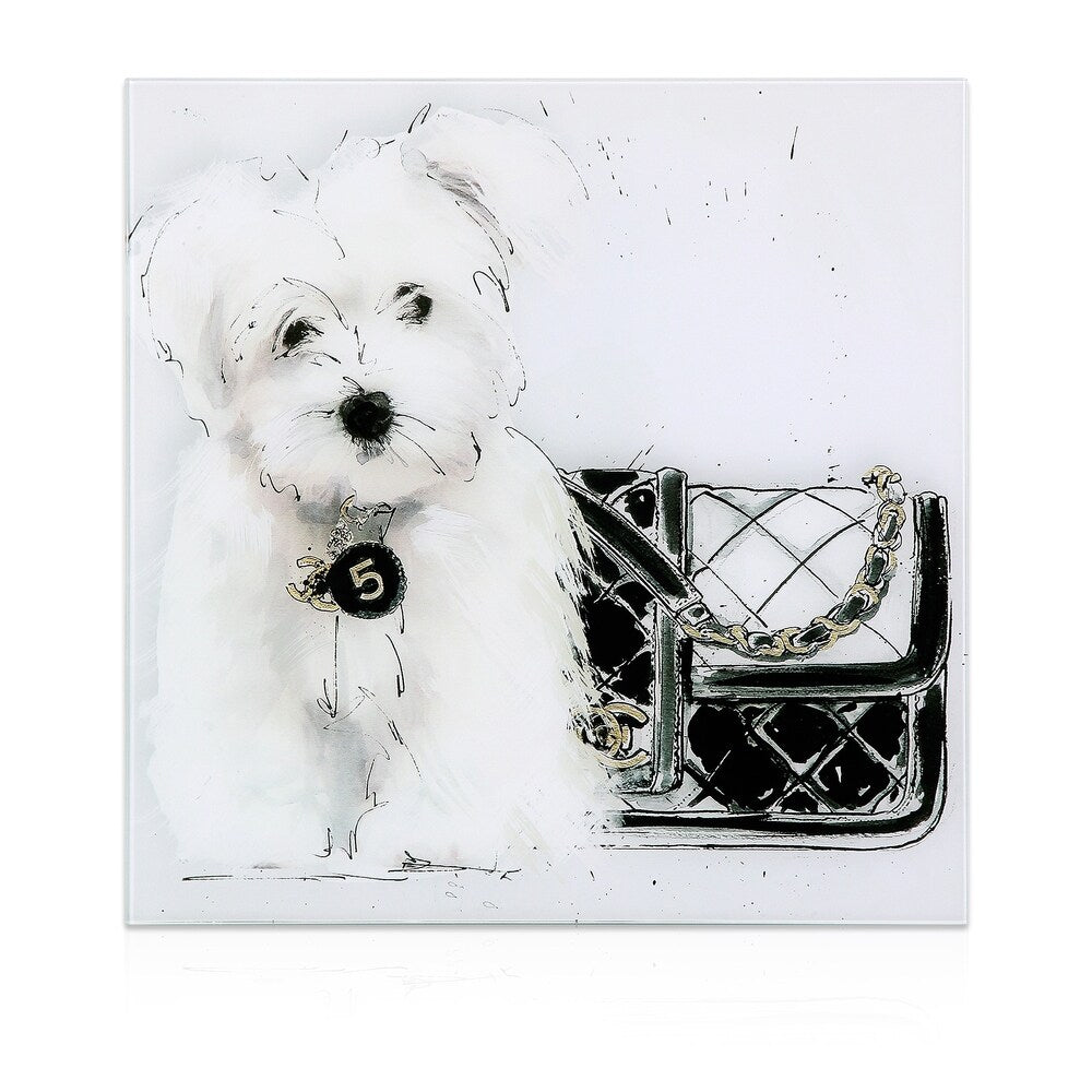 Frameless Floating Tempered Glass Dog Wall Art - Black & White Pet Decor for Living Room, Bedroom, or Office