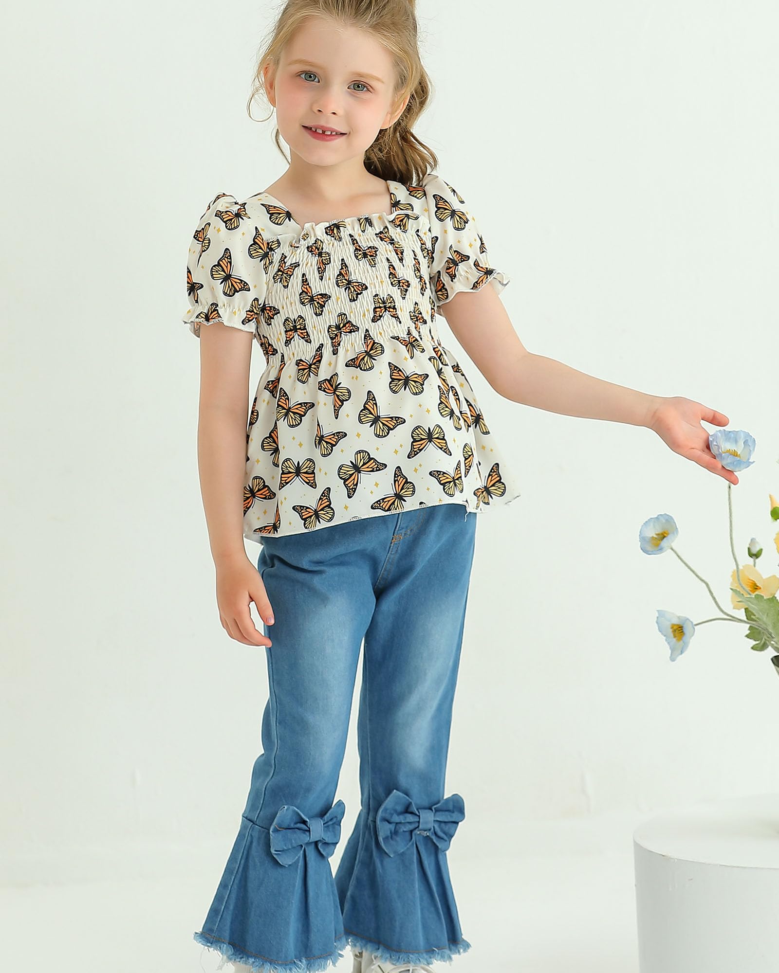Kucnuzki Toddler Girls 2-Piece Outfit - Short Sleeve Shirt & Flare Denim Jeans Set | Cute Casual Wear for Playdates, Preschool & Family Photos
