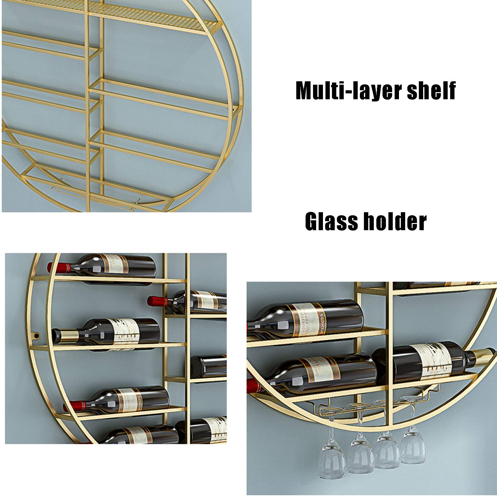 Premium Wall Mounted Wine Rack - Large Capacity Round Display Holder for 12 Bottles & 4 Stem Glasses (Gold/Black, 60-90cm) - Perfect for Kitchen, Dining Room & Home Bar Decor