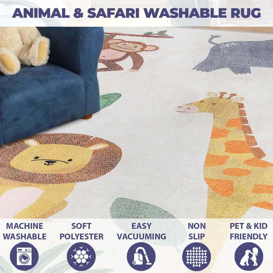 Non-Slip Animal Safari Playroom Rug for Kids - Soft Indoor Play Mat for Nursery, Bedroom & Play Area