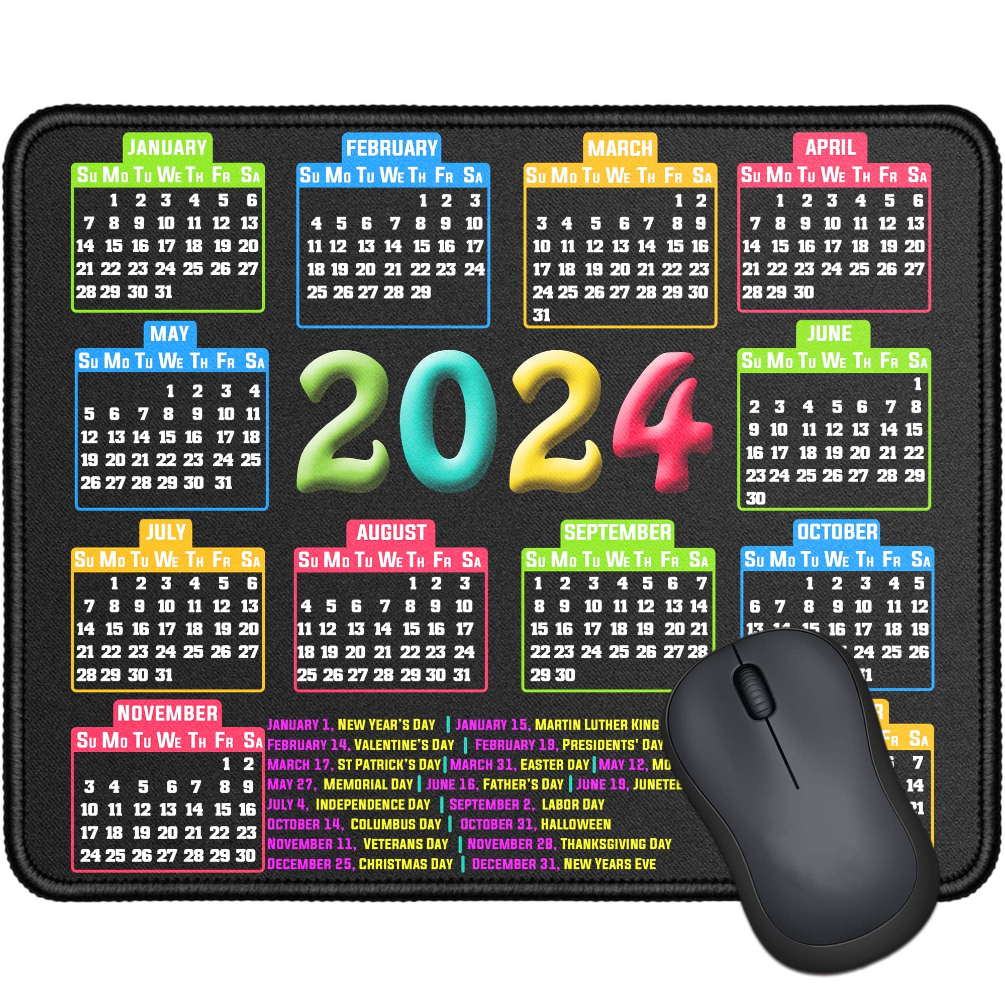 Premium Non-Slip Mouse Pad with Stitched Edge - 9.6x7.9 Inch Large Computer Mouse Mat with Rubber Base for Laptop & Desktop - 2024 Calendar Design (Black) - Perfect for Office, Gaming & Home Workspace