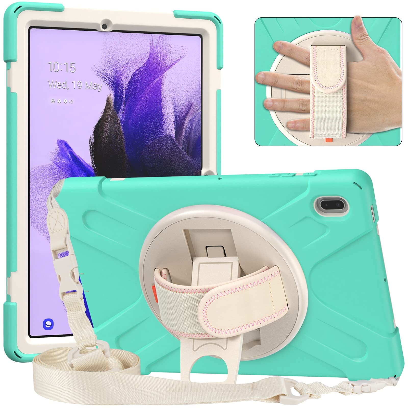 Samsung Galaxy Tab S7 FE 12.4 Case - Shockproof Kids Tablet Cover with Rotating Kickstand, Hand Strap & Shoulder Strap | Perfect for School, Travel & Outdoor Use | Mint Green Protective Case