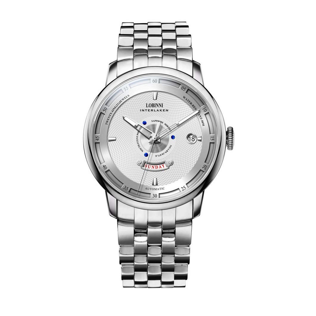 **LOBINNI Luxury Automatic Men's Watch - Stainless Steel Self-Winding Mechanical Wristwatch with Date & Week Display, 50m Waterproof & Sapphire Crystal - Perfect for Business, Casual & Formal Occasions**
