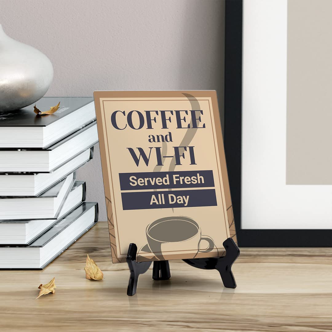 ByLITA Coffee and Wi-Fi Served Fresh All Day Table Sign - 8 x 6 Inches - Perfect for Cafes, Restaurants, and Office Break Rooms