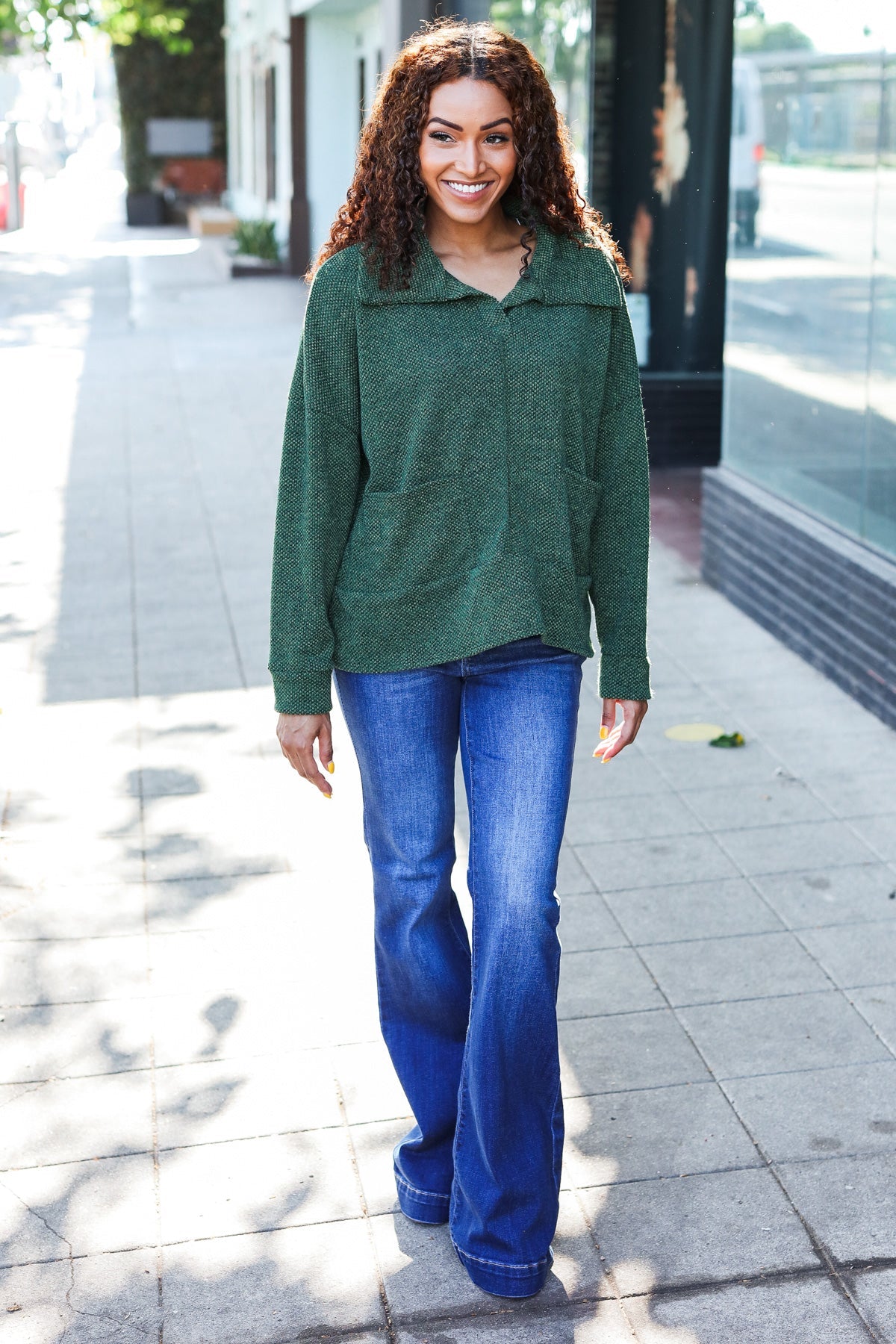 Easy Living Olive Textured Knit Notch Neck Oversized Collar Sweater - Cozy Oversized Women's Pullover for Fall & Winter | Perfect for Casual Outfits, Office Wear and Coffee Dates