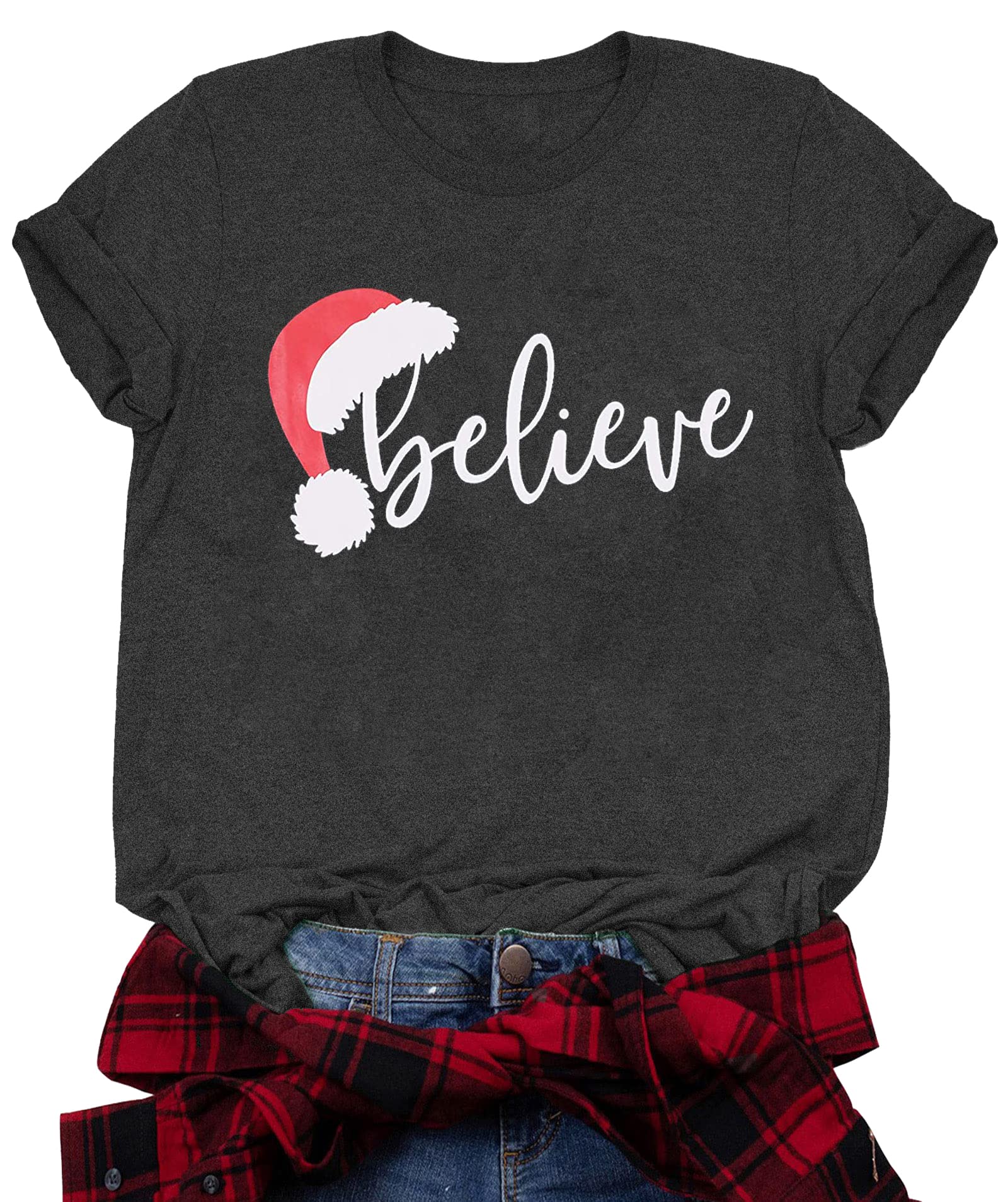 Christmas Believe Tree Graphic Tee - Cute Short Sleeve T-Shirt for Women | Holiday Party Outfit, Gift Exchange & Family Photos