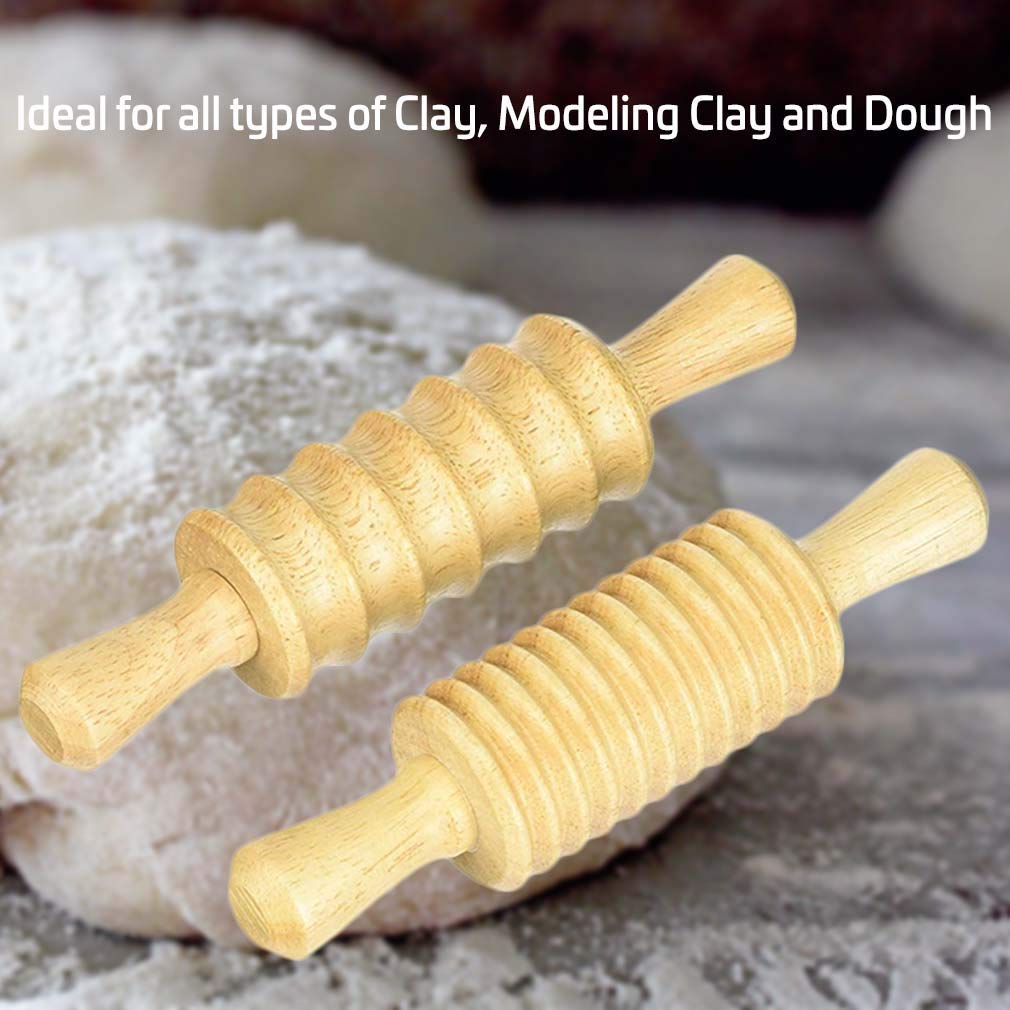 Wooden Corrugated Rolling Pin Set for Clay & Dough - 8.25