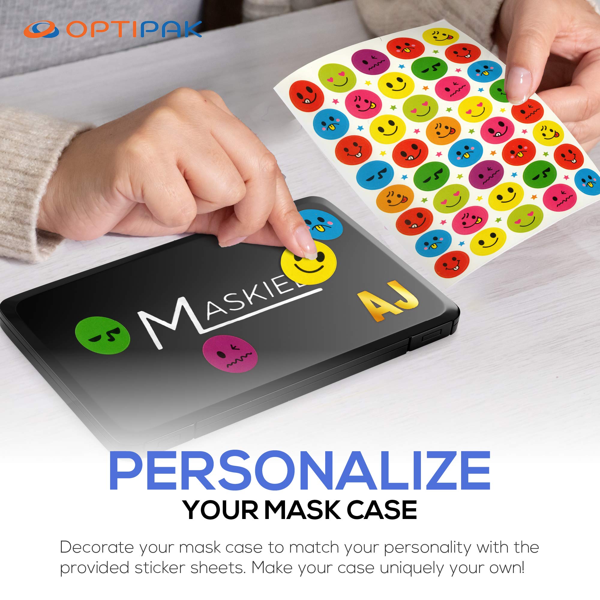 Personalized Face Mask Holder Case - Slim Plastic Storage Box for Disposable & Cloth Masks - Keep Face Coverings Clean & Organized - Includes Fun Decorative Stickers - 3 Pack White OptiPak - Perfect for Travel, School, Work & Daily Protection