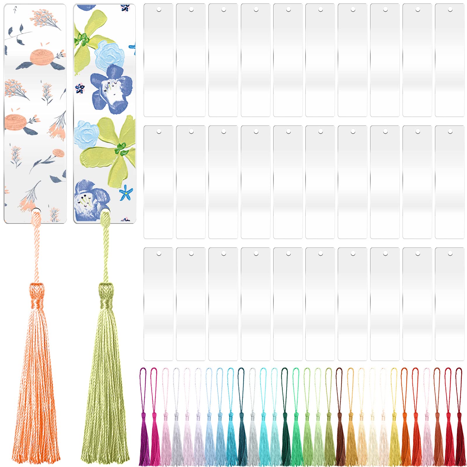 ZYNERY 60-Piece DIY Acrylic Bookmark Kit - 30 Clear Transparent Bookmarks & 30 Decorative Tassels - 1.3
