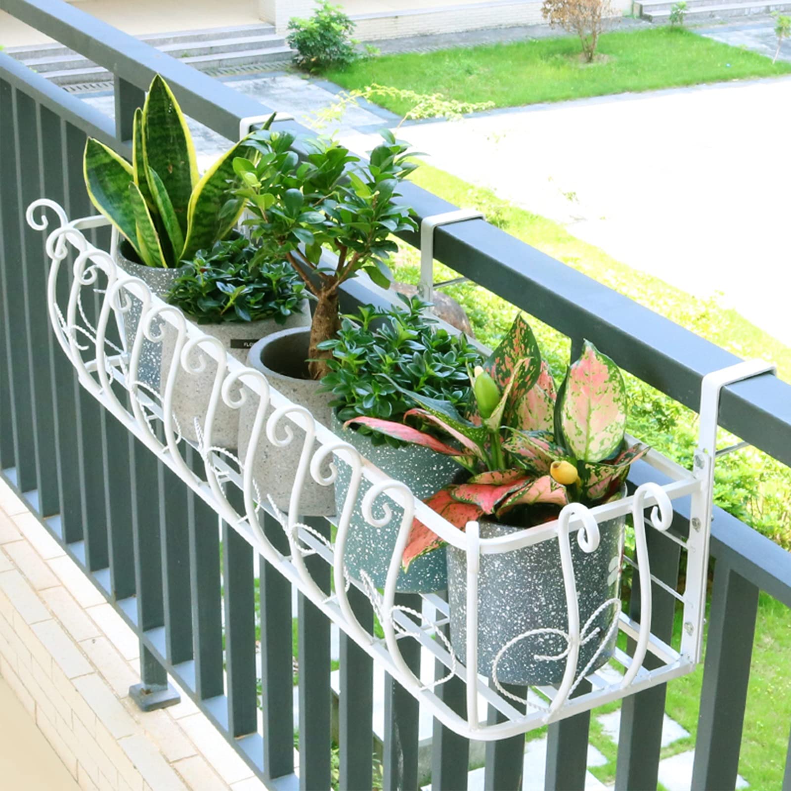 White Metal Hanging Flower Pot Stand for Balcony Railing - 80cm Plant Shelf Basket with Hooks - Durable Outdoor Garden Decor for Patio, Porch & Fence - Perfect for Small Space Gardening & Vertical Greenery Display