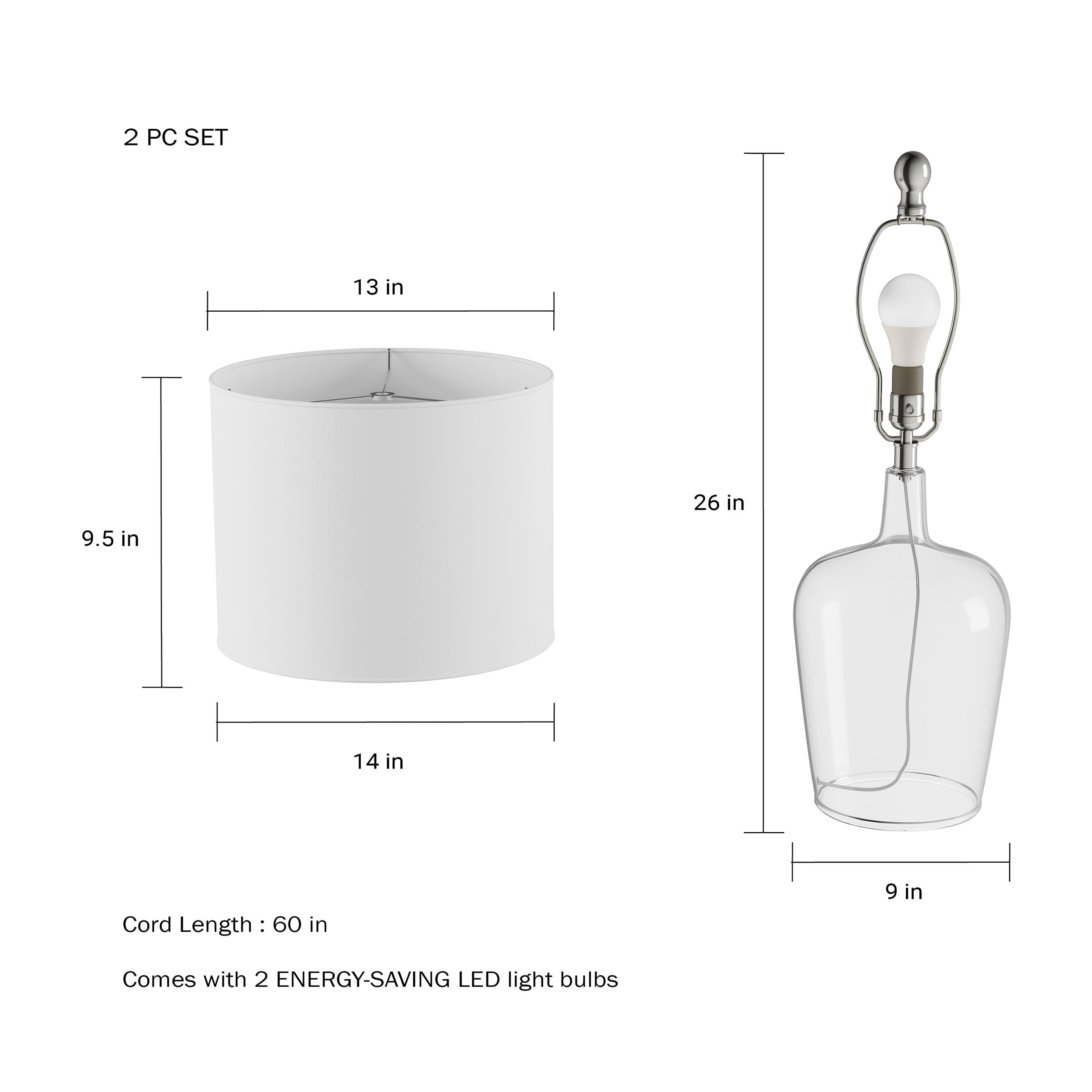 Lavish Home Glass Cloche Table Lamps Set of 2 - Modern Farmhouse LED Accent Lighting for Bedroom, Living Room & Office Decor - Perfect for Reading Nook, Nightstand or Entryway Ambiance