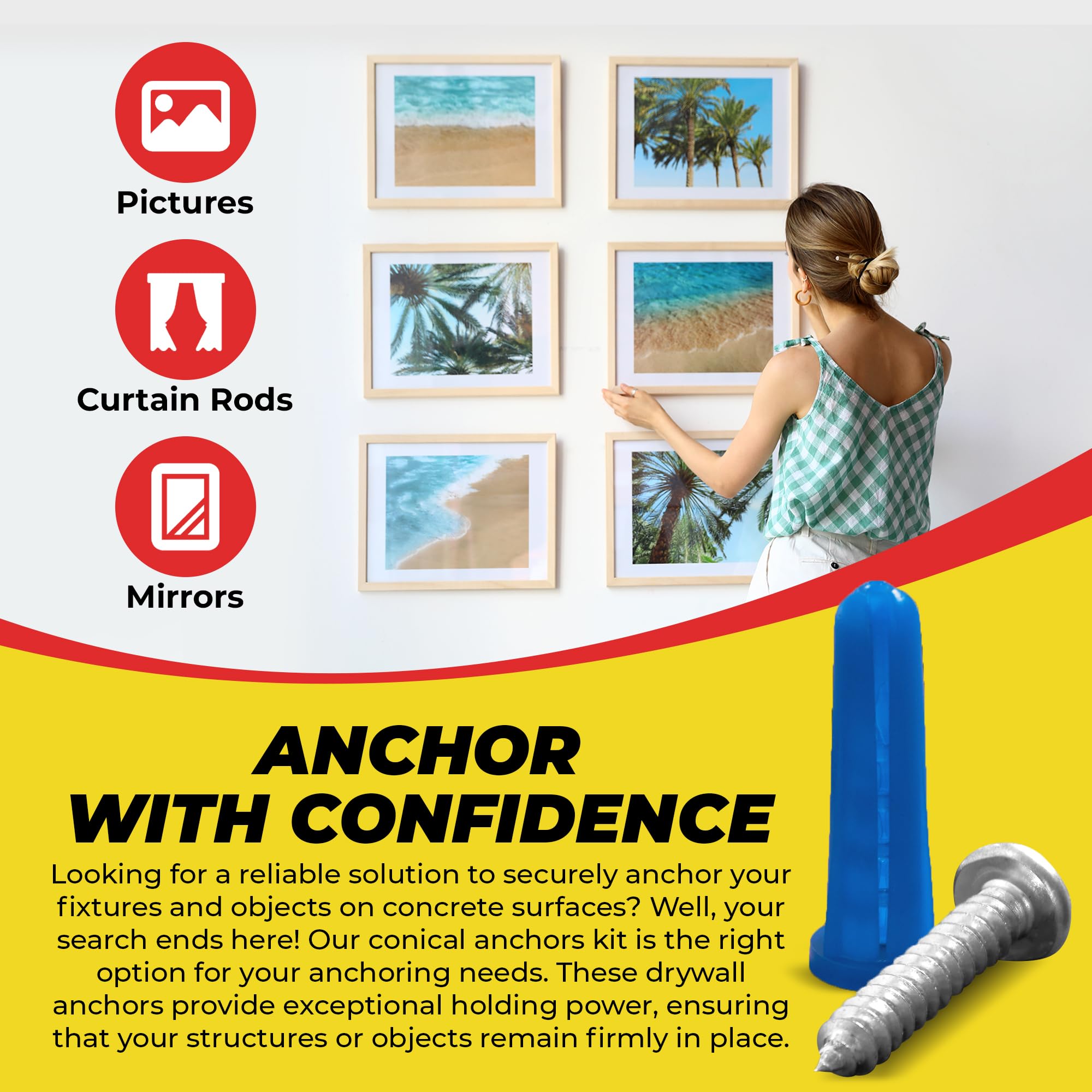 QUALIHOME 100-Pack Conical Concrete Anchors & Screws Kit with 1/4