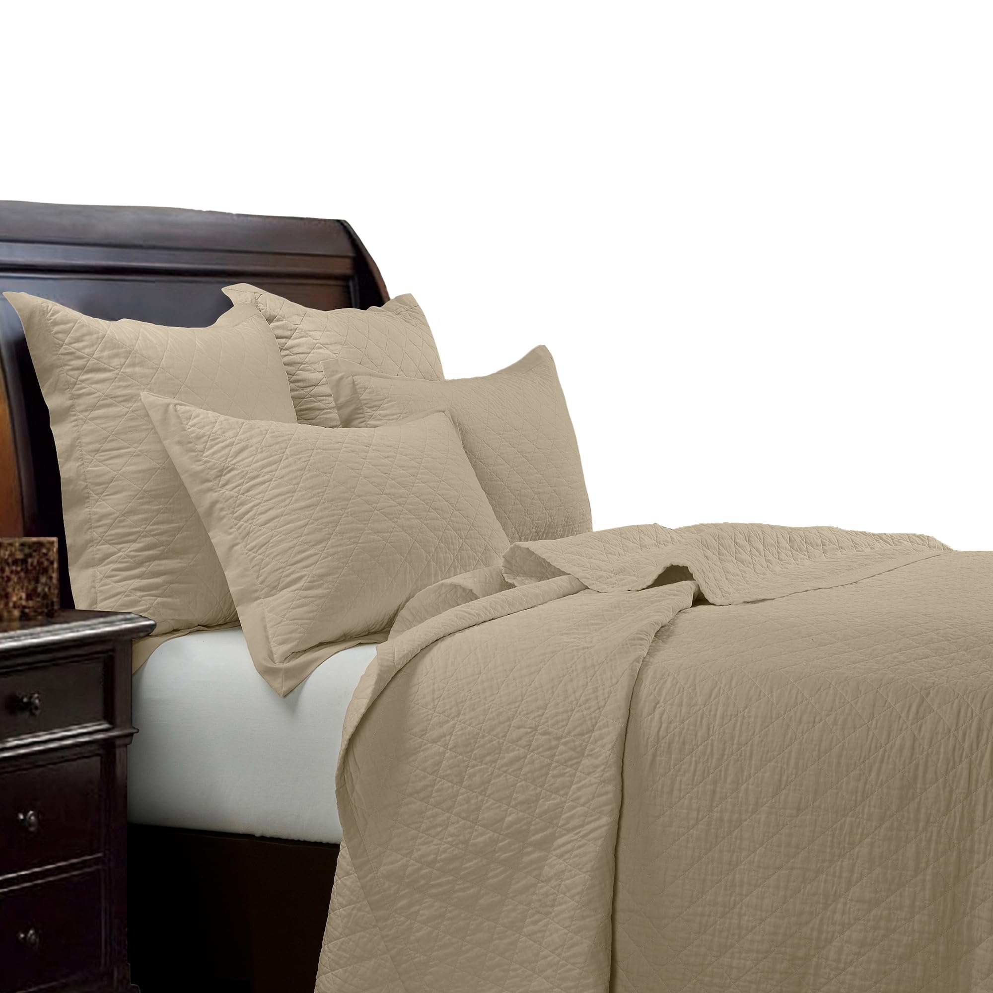 Premium 3-Piece Linen Cotton Diamond Quilt Set with Pillow Shams - Queen Size Light Tan Solid Color - Classic Traditional Rustic Luxury Bedding (1 Quilt + 2 Pillowcases) - Perfect for Master Bedroom, Guest Room & Farmhouse Decor
