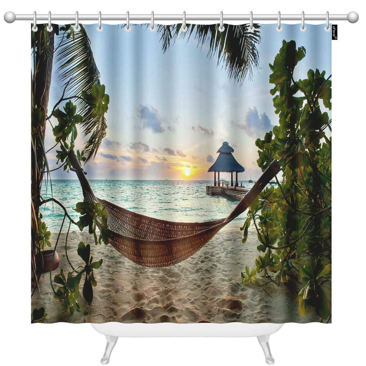 Floral Beach Shower Curtain Set with 12 Hooks - Tropical Sunset Hammock Design Bathroom Decor 72x78 Inch - Perfect for Coastal, Vacation & Modern Bathroom Themes