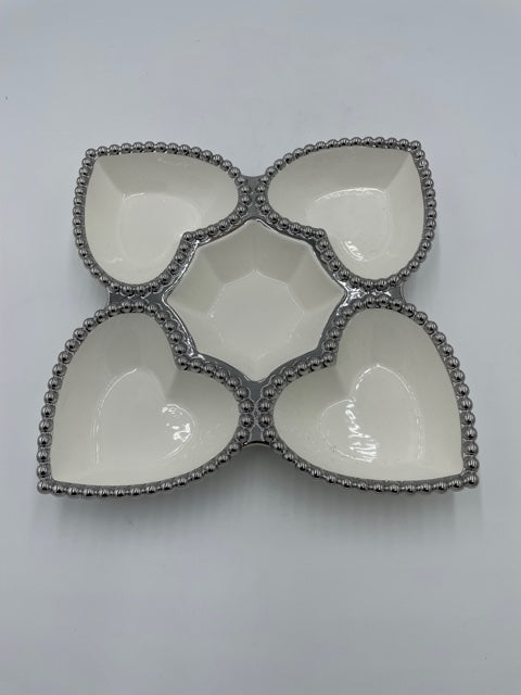 13.25x8 Inch 5-Section Heart Shape Silver Bowl - Perfect for Candy, Snacks, and Party Decorations - 24 Pieces per Case