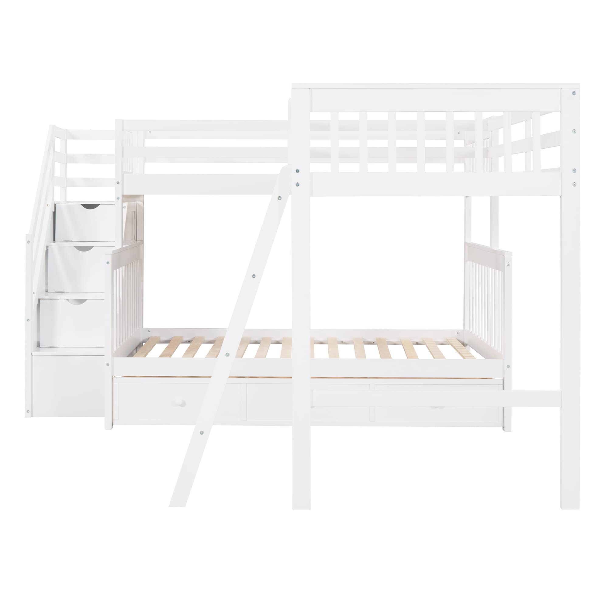 **Twin Over Full L-Shaped Triple Bunk Bed for Kids & Teens - Wooden Corner Bunk Bed with Stairs & Ladder, 3 Storage Drawers, White - Space-Saving Loft Bed for Small Rooms, Shared Kids' Bedrooms & Vacation Homes**