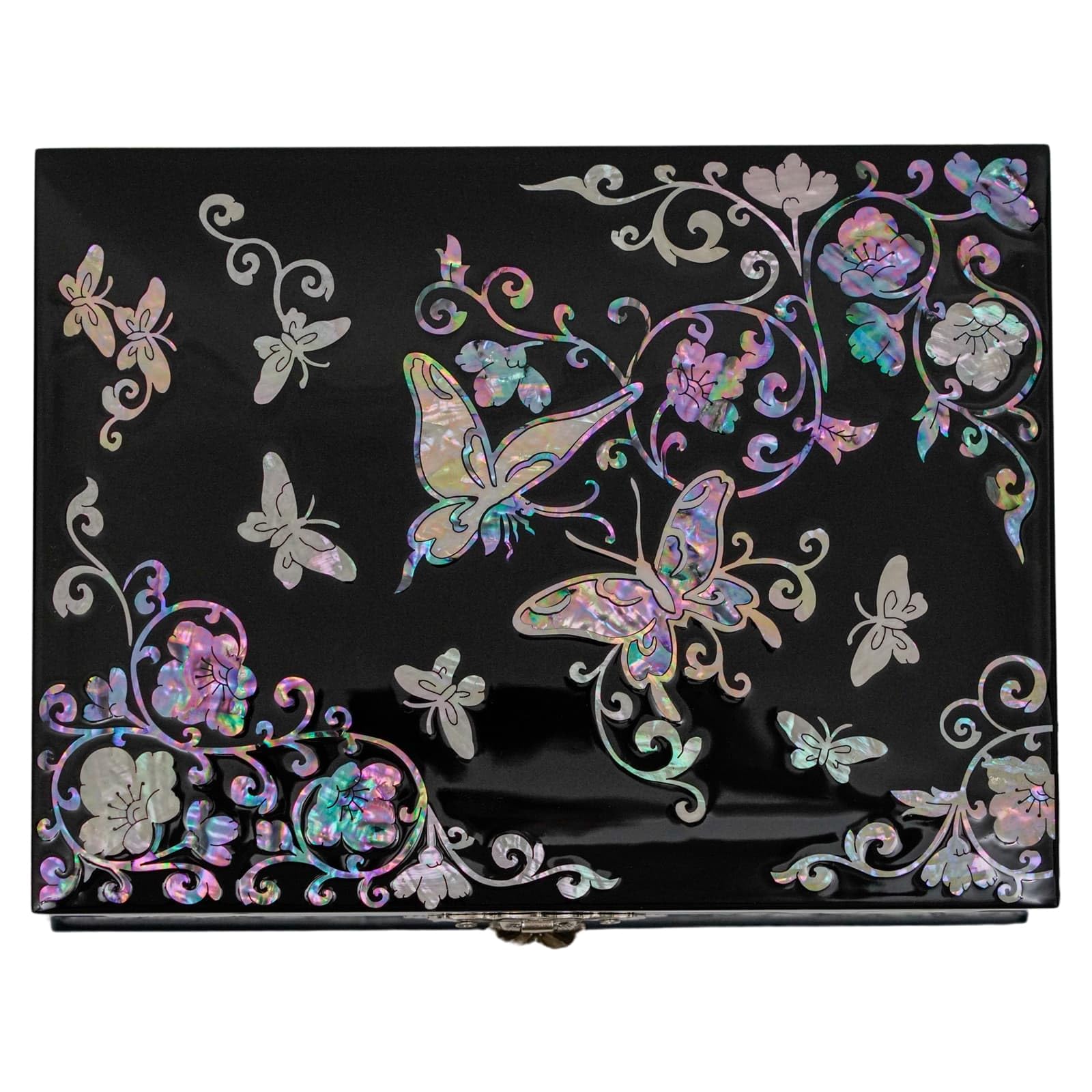 February Mountain Mother of Pearl Jewelry Box - 2-Layer Handmade Wooden Keepsake Box with Peacock Design, Perfect Gift for Women, Mom, Wife, Girlfriend, Sister - Butterfly & Moon Pattern for Jewelry Storage & Home Decor