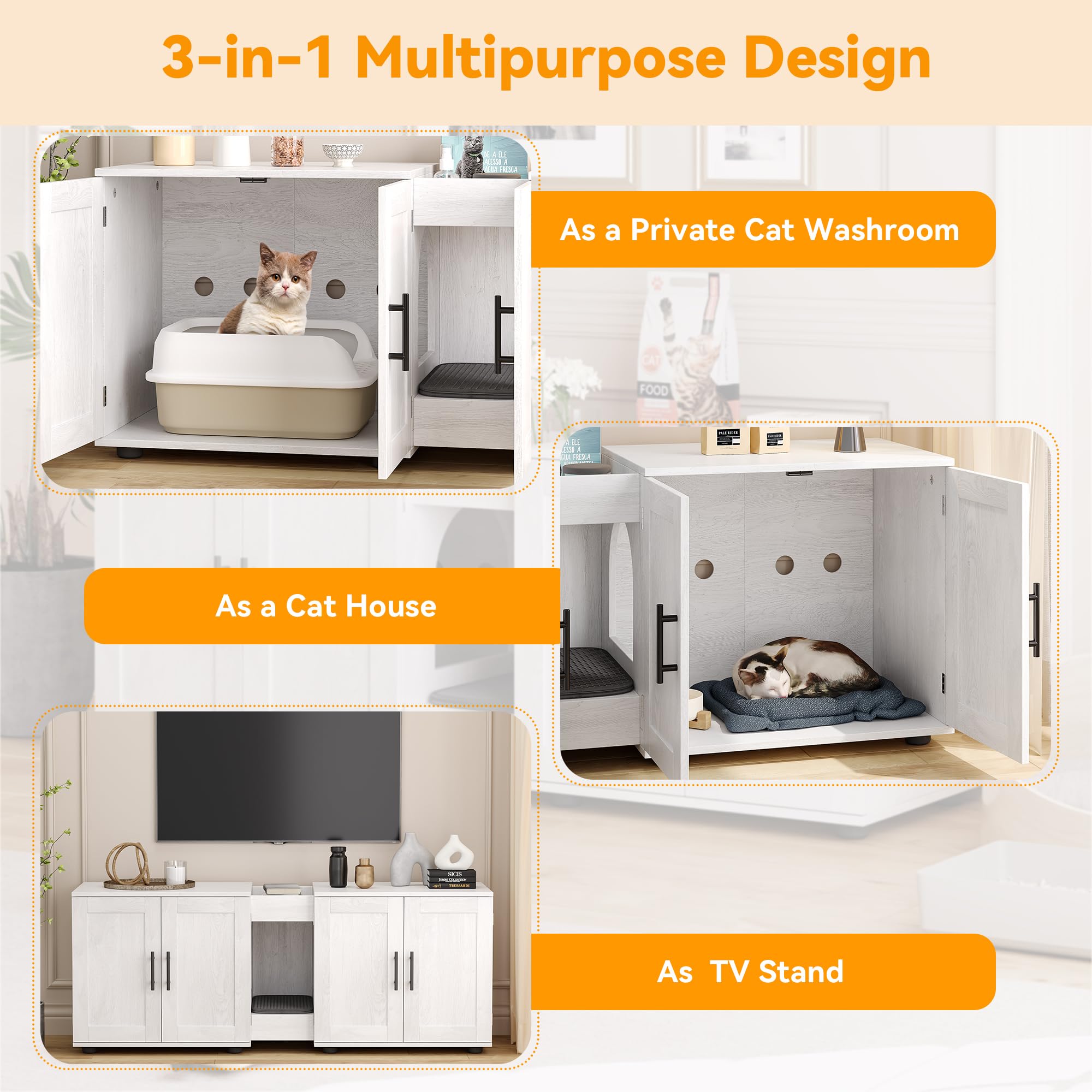 Gaomon Wooden Cat Litter Box Enclosure Furniture - Double Cage Hidden Litter Box House for 2 Cats, 55