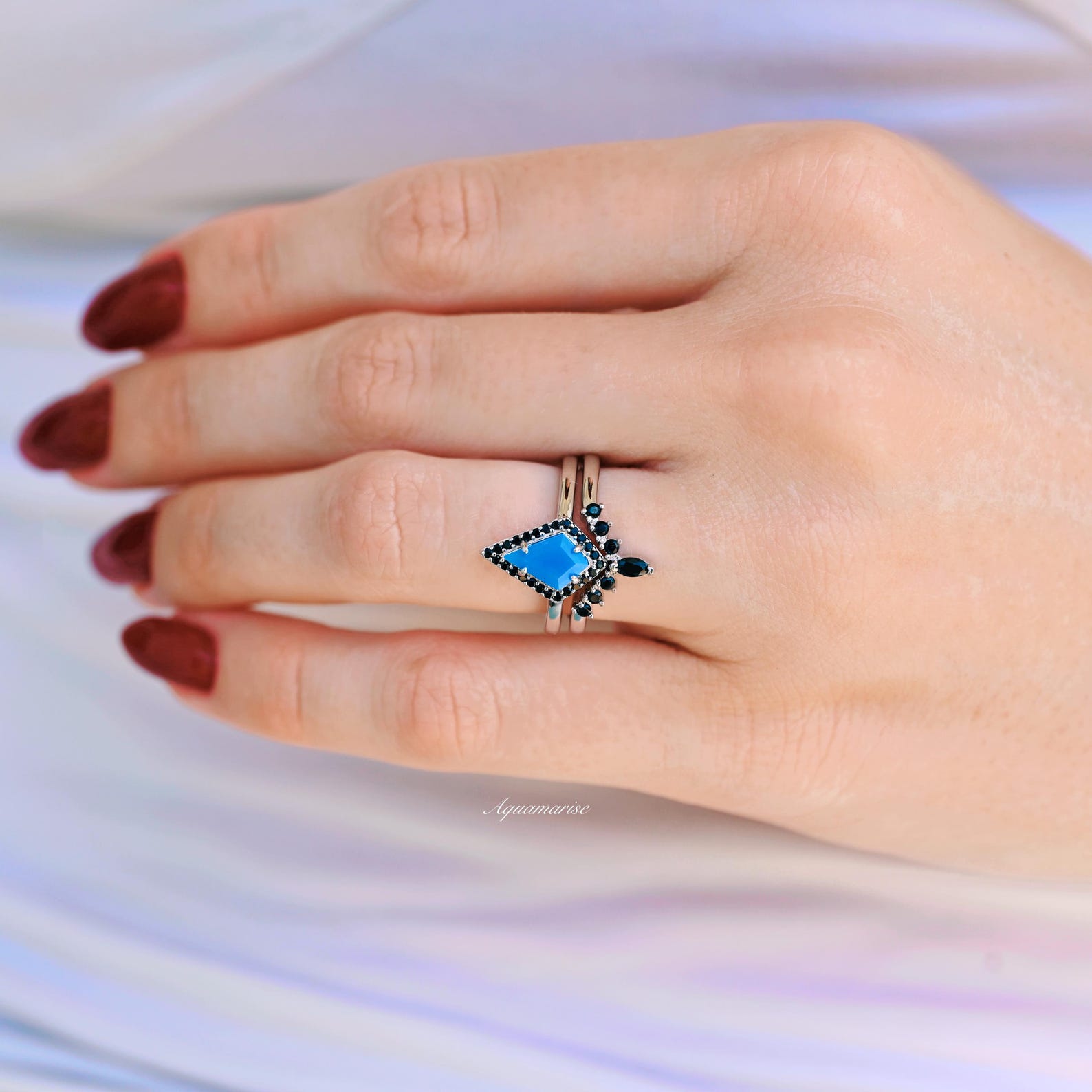 Opalescent Blue Sapphire & Black Onyx Sterling Silver Ring Set for Women - Elegant Stackable Rings for Wedding, Anniversary, Gift & Everyday Wear