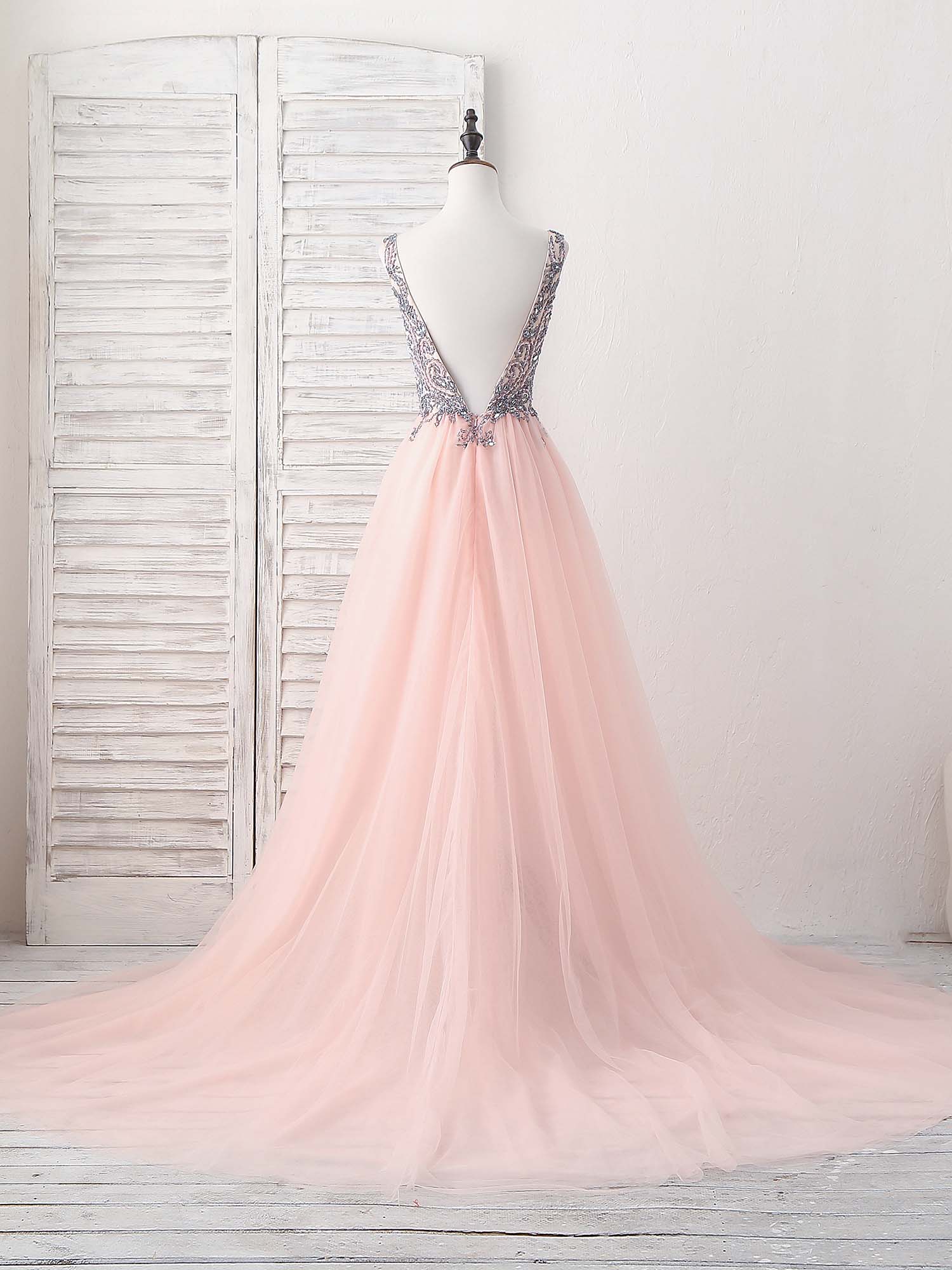 Elegant Pink V-Neck Tulle Beaded Long Prom Dress - Formal Evening Gown for Homecoming, Ball, Wedding & Special Occasions
