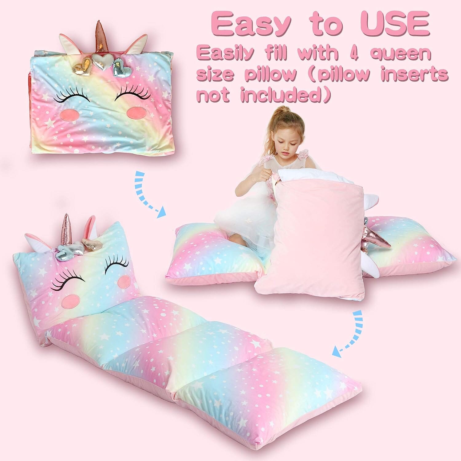 Unicorn Kids Floor Pillow - Soft Bed Seat Cover for Girls, Queen Size - Perfect for Playroom, Bedroom, and Cozy Reading Nook