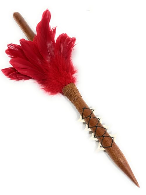Tikimaster 24 Inch Koa Wood Spear with Shark Teeth & Red Feathers | Handcrafted Hawaiian Warrior Weapon | Perfect for Costumes, Decor & Cultural Displays (Model #koa38rf)
