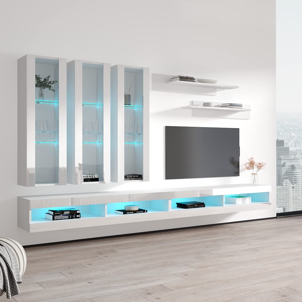 Modern White Wall-Mounted TV Stand with Storage Shelves & LED Lights - Floating Entertainment Center Console for Bedroom & Living Room - Perfect for Small Spaces & Home Theater Setup - Meble Furniture Fly E3 34