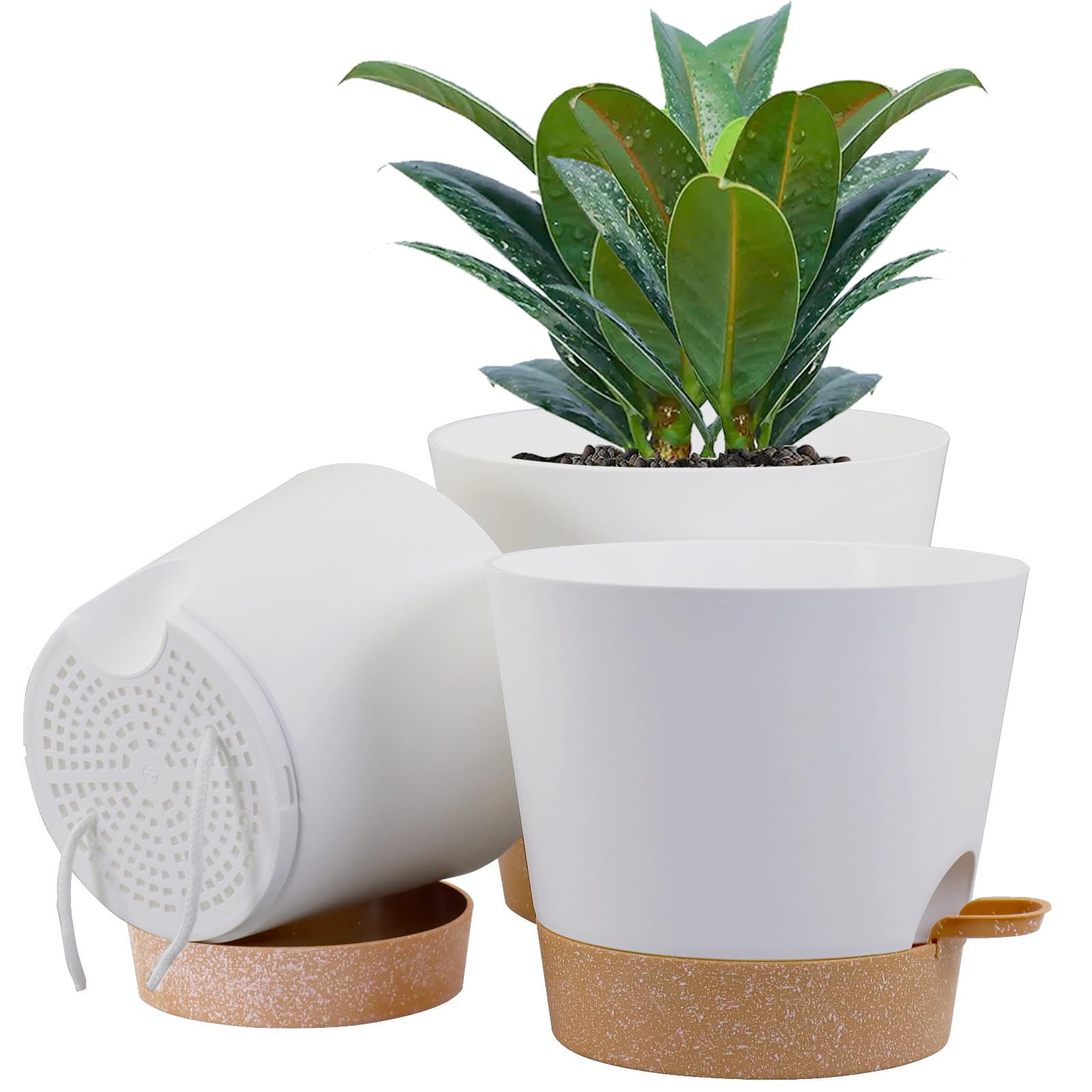 UOUZ 10/9/8 Inch Self Watering Plant Pots - Set of 3 Plastic Planters with Drainage Holes & Deep Reservoir for Indoor/Outdoor Plants, Flowers - White & Brown - Perfect for Home, Office, Garden & Balcony Decor
