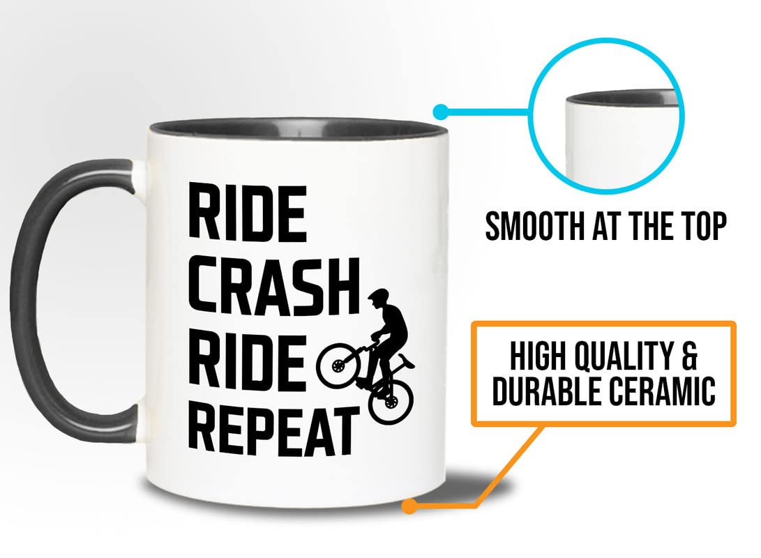 2-Tone Black 11oz Mountain Bike Coffee Mug - Ride Crash Ride Repeat - Perfect Gift for Dirt Bike, Bicycle & Road Cycling Enthusiasts - Ideal for Coffee Breaks, Office Use & Outdoor Adventures