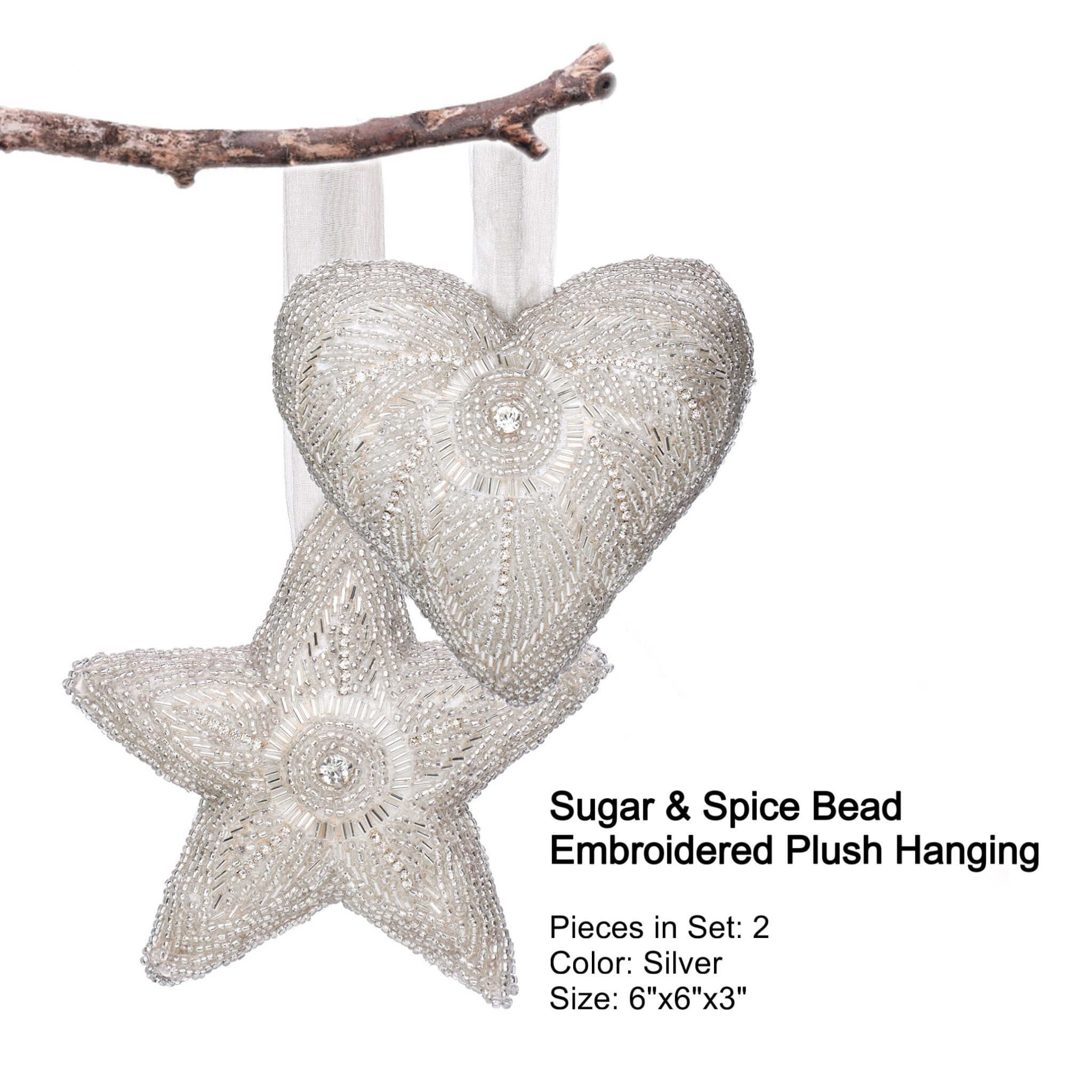 Silver Felt Star and Heart Christmas Ornaments Set of 2 - Handmade Holiday Decor for Tree, Gift, Party & Home Decoration
